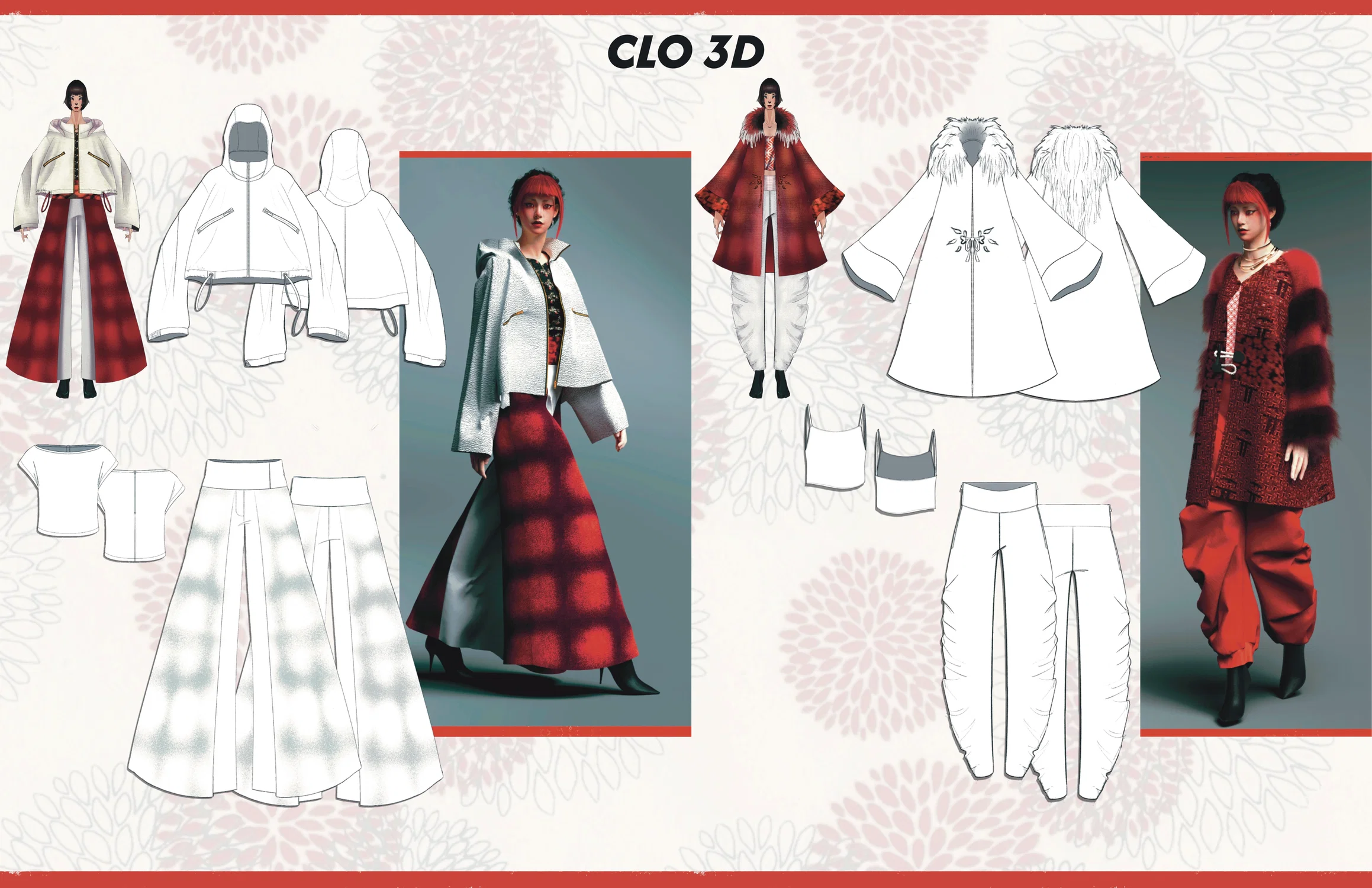 Looks made using CLO3D, garment construction software. Mentorship project with, Tim McGrath, art director at Activision Blizzard. The prompt is to create an urban fantasy collection based on a traditional creature archetype.  The archetype Skye chose is the Zenko Kitsune, a benevolent yokai (spirit) messenger fox for the god of prosperity, Inari.