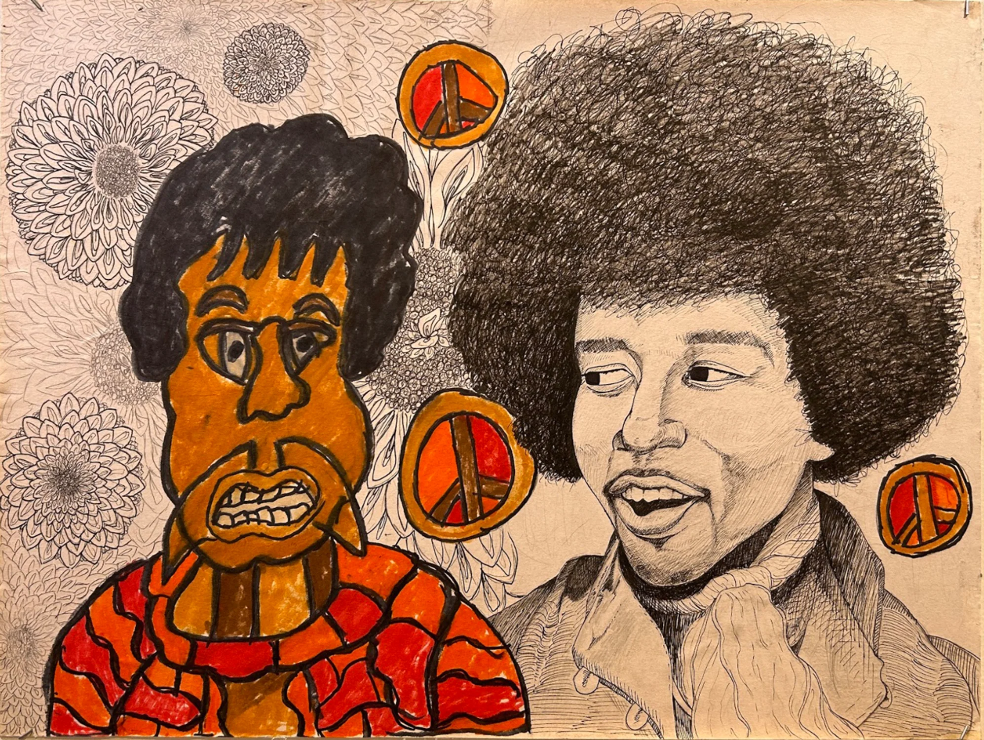 A mixed-media artwork showing two side-by-side portraits of Jimi Hendrix against a detailed, patterned background of floral and geometric designs. On the left is a bold, cartoon-like Jimi Hendrix with exaggerated features, outlined in thick black lines and filled with warm colors like orange, red, and brown. The expression appears tense, with clenched teeth and wide eyes. On the right is a more realistic black-and-white portrait of Jimi Hendrix, softly shaded with fine lines. He is looking toward the other figure with an open smile. Between and around them are circular peace symbols in orange and red, adding contrast and tying the composition together.