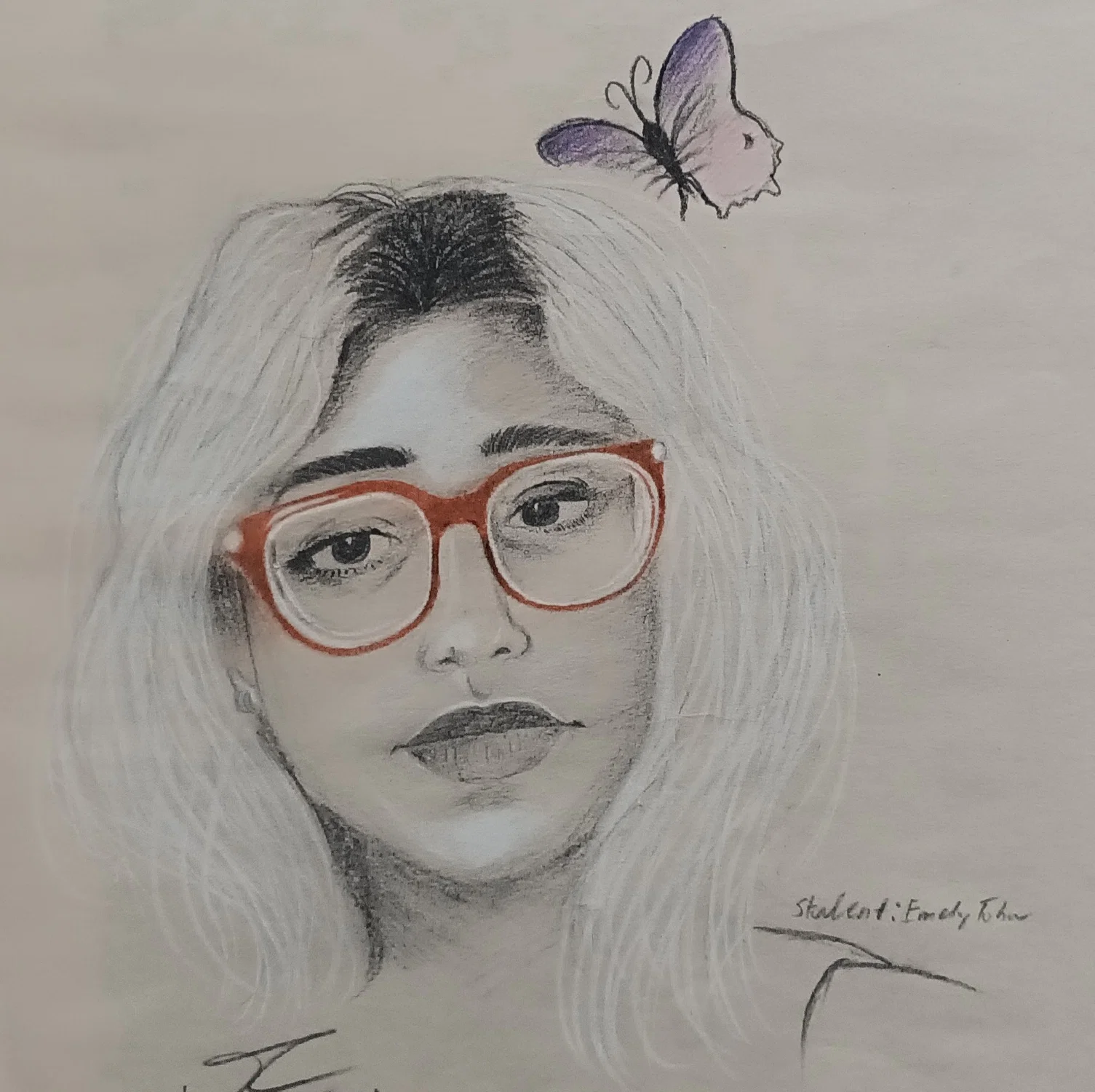 A charcoal portrait of a female student named Emily Tobar. She is wearing red glasses with a purple butterfly behind her head. She is slightly smiling and looking at the viewer.