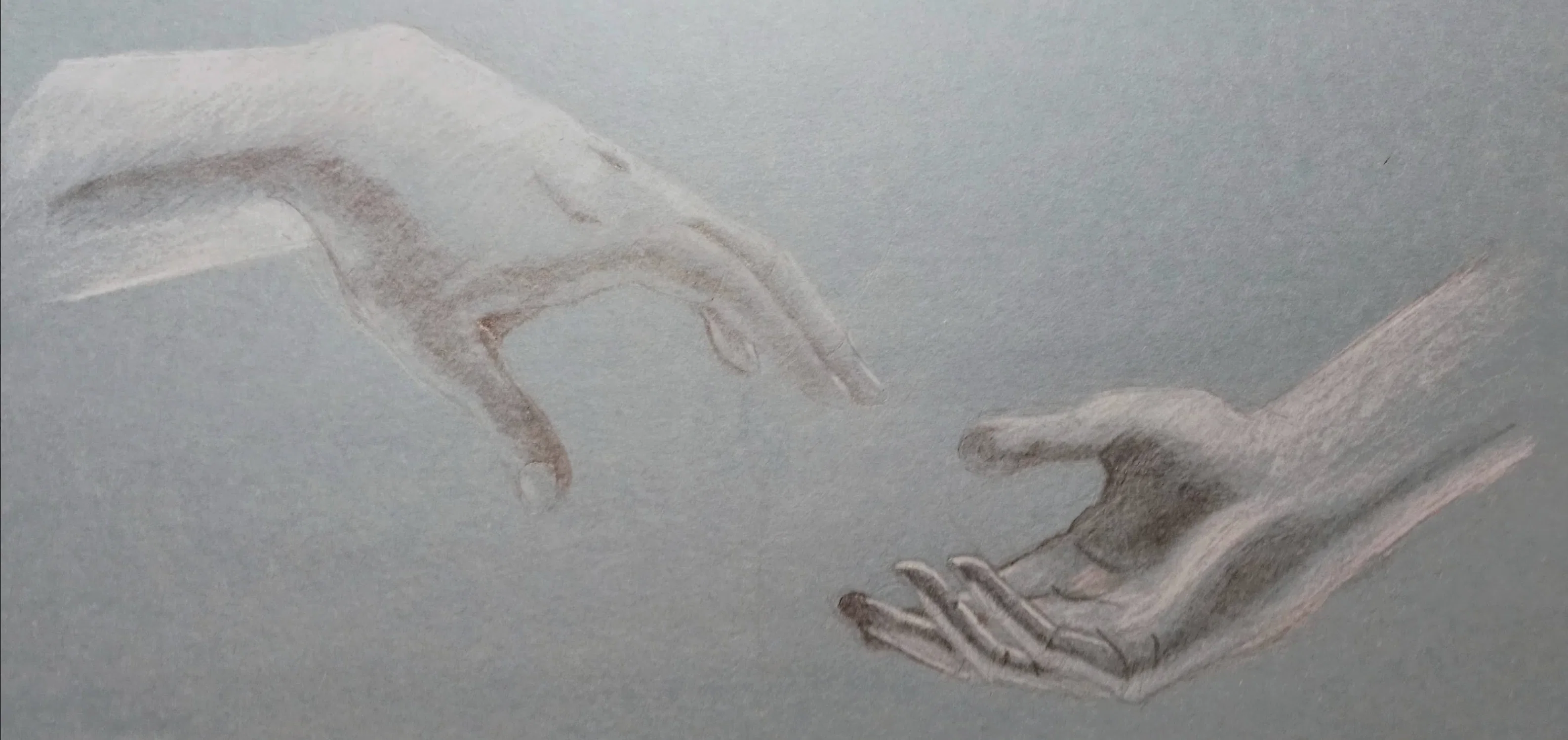 A black and white charcoal drawing of two hands leisurely reaching out for each other on blue-tone paper.