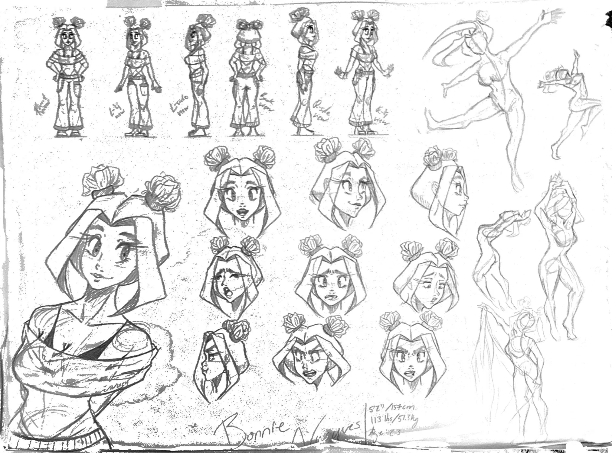 A pencil drawing character sheet of a manga-inspired girl named Bonnie Vasques. She has body turn arounds, an expression sheet, and character gestures. At the left bottom corner is a full drawing character of Bonnie smiling.