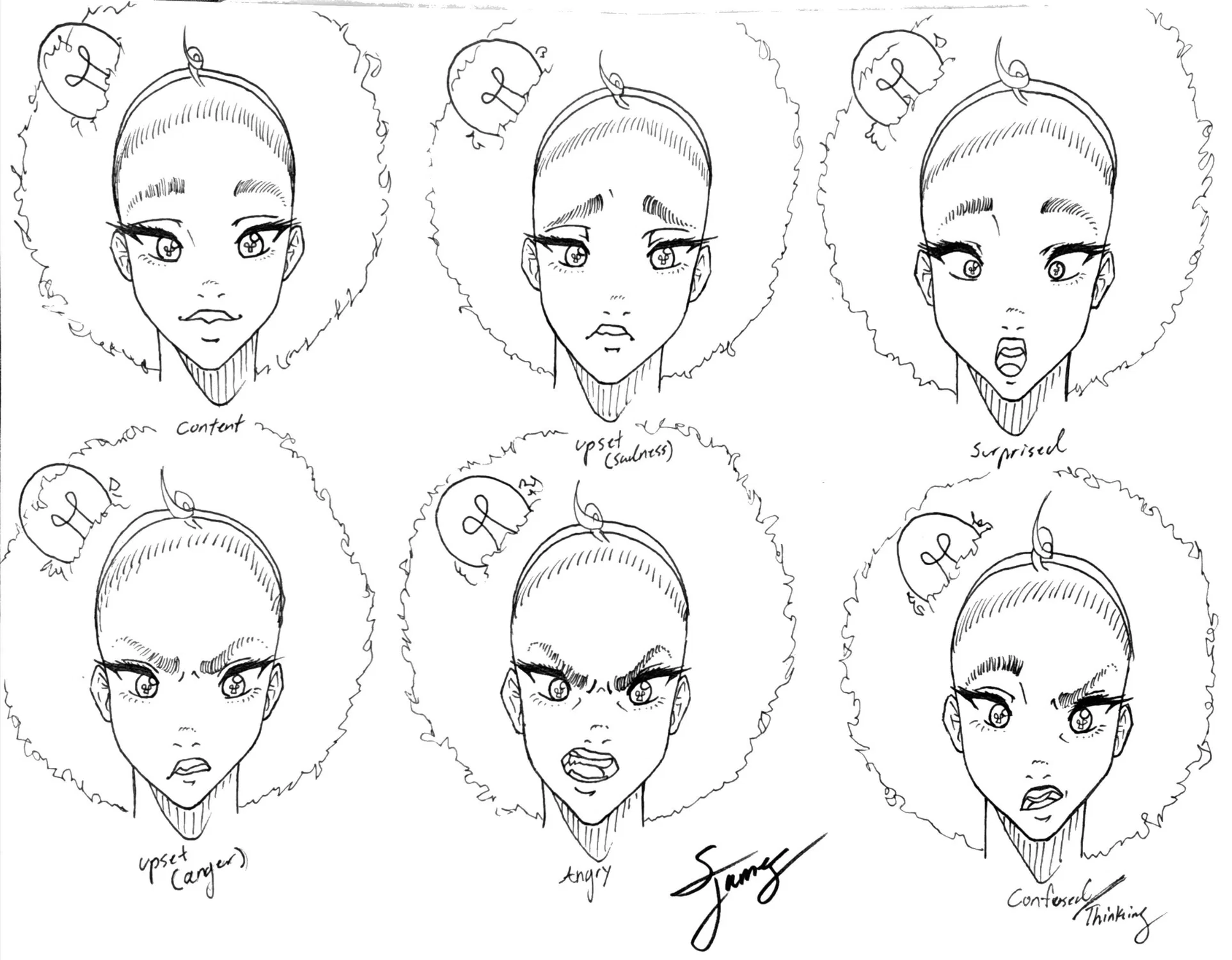 A pencil drawing character expression sheet of a manga-inspired woman named Luma Bloom. She has a large afro with a light blub in it. Some expressions included content, anger, surprise, upset sadness and upset annoyance.