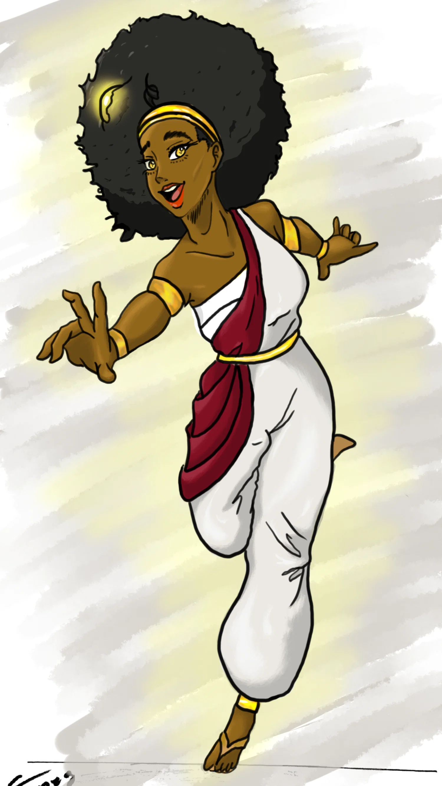 A digital drawing of a realist, manga-inspired woman named Luma Bloom. She has a large afro with a light blub in it and dressed in a ancient Greece inspired romper with a red draping on her hip. She has a open smile and is in a dynamic pose that makes it look like she is happily jumping.