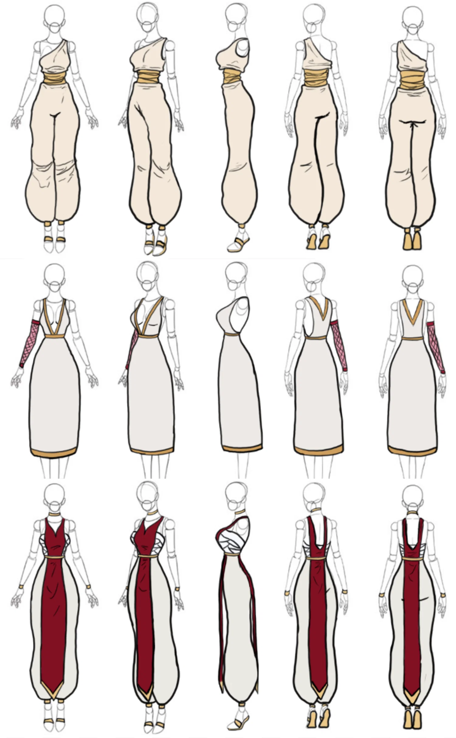 Three different fashion designs inspired from ancient Greece and Romans. Top one is a romper, the middle is a elegant dress, and the last one with a stole, flowy pants, and bandage top.