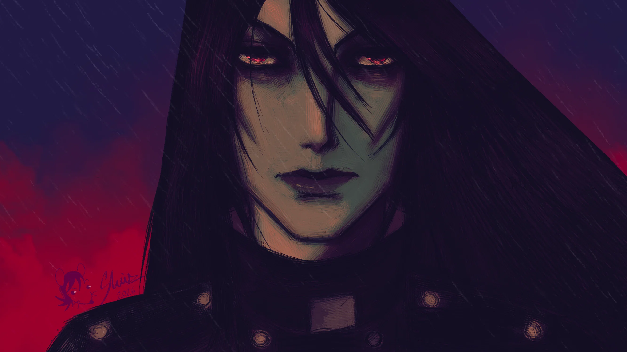 Illustration of a goth man with a red sky background