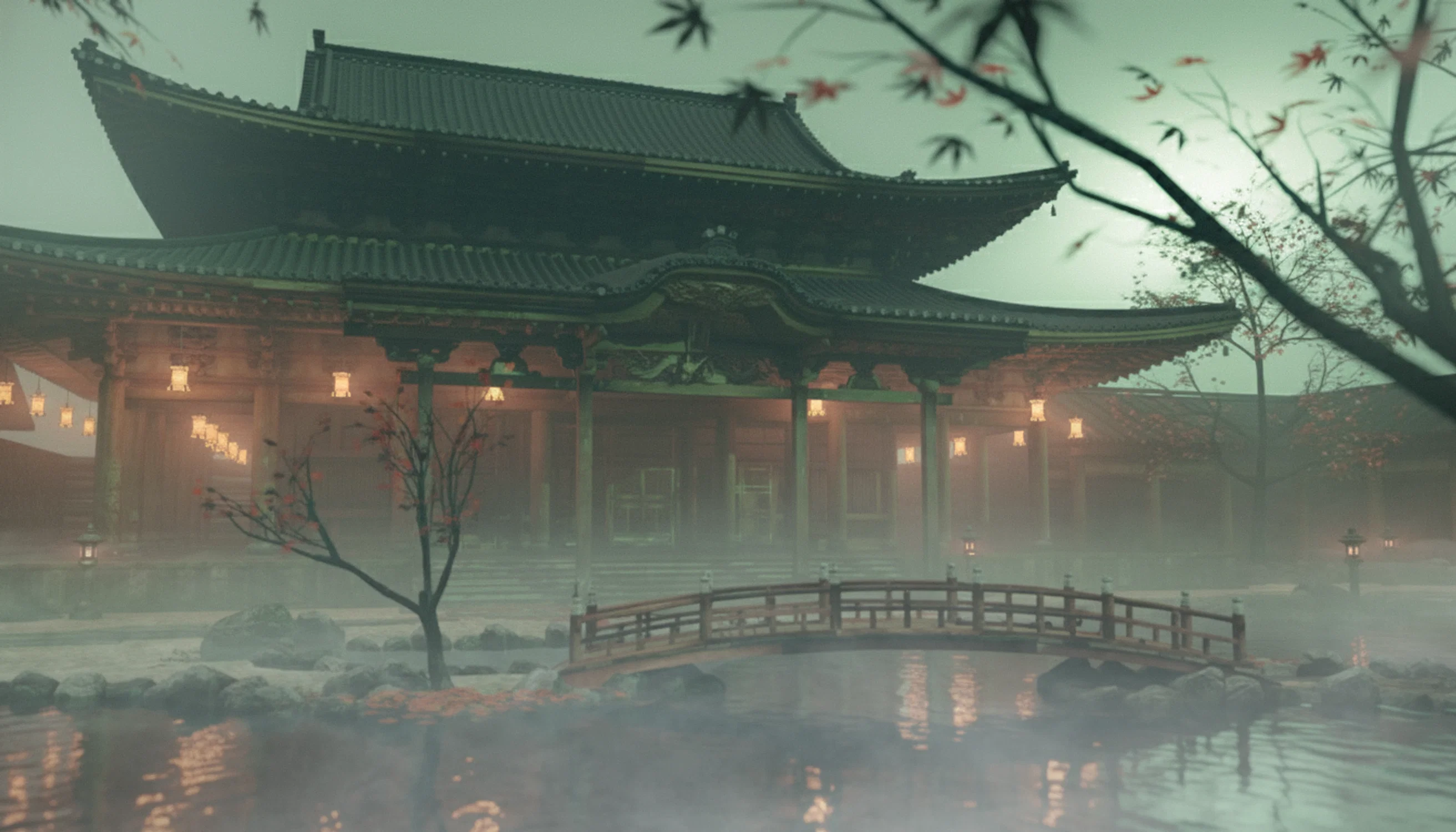 A traditional Japanese temple with an arched wooden bridge over a misty pond in a serene, foggy landscape.