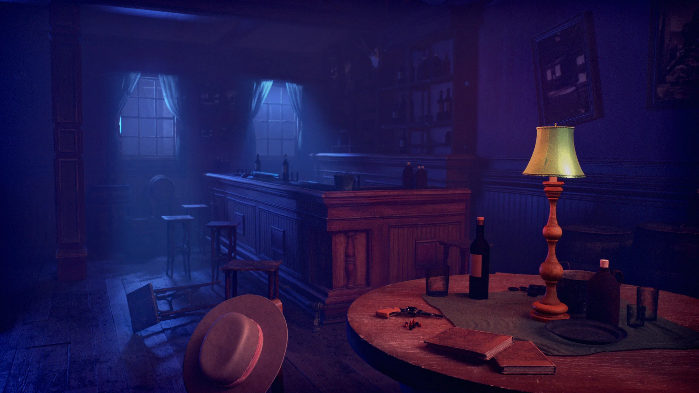 A wide, cinematic view of a dim, abandoned Western-style saloon at night, drenched in deep blue and purple hues. In the foreground, a round wooden table holds a glowing yellow lamp, two books, a bottle of wine, and a revolver. A cowboy hat rests on a chair in the lower frame. In the background, moonlight streams through two curtained windows behind a long wooden bar, where a single overturned stool lies on the floor, adding to the eerie, deserted atmosphere.