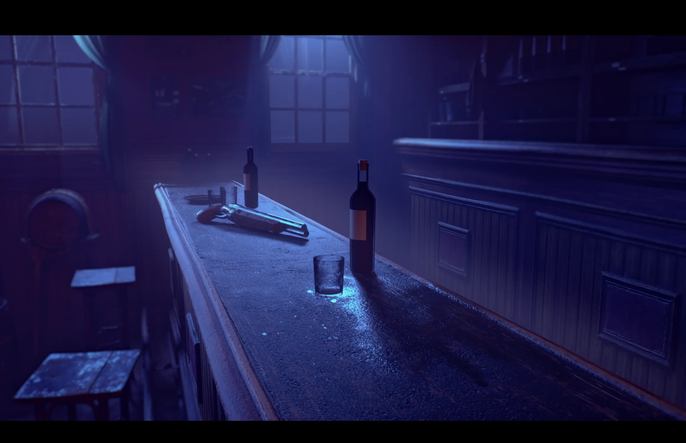 A close-up, low-angle shot of a weathered wooden bar top in a dark saloon, illuminated by a cool blue light from nearby windows. Resting on the bar are a double-barreled shotgun, a bottle of wine, a small glass, and several scattered shells. The background is hazy and out of focus, showing the dark silhouettes of bar stools and shelving, creating a tense and mysterious mood.