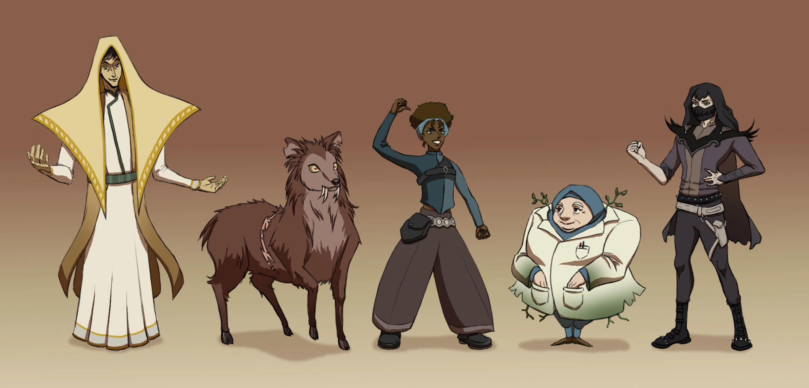 Lineup of five fantasy characters