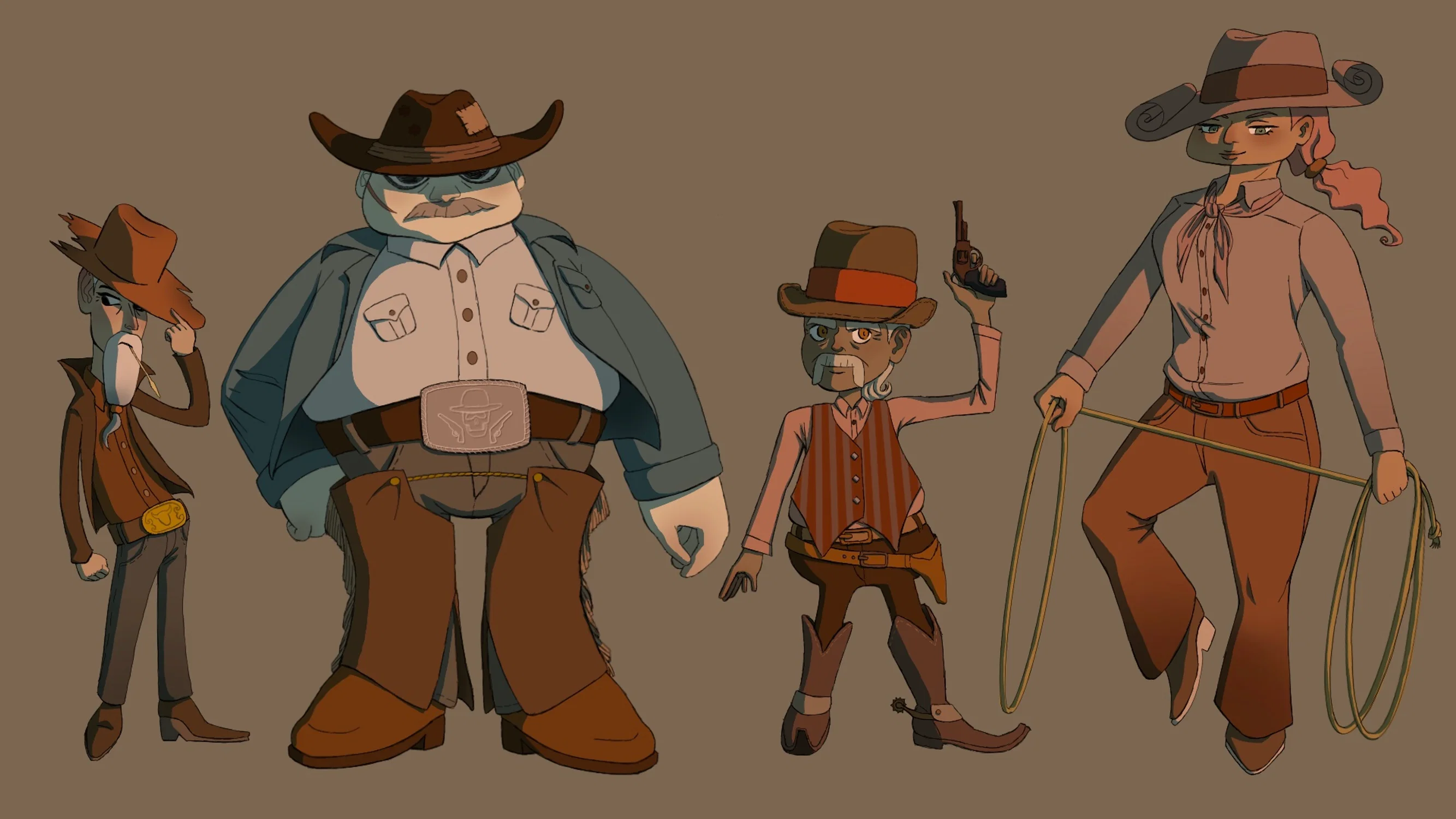 Lineup of four cowboy characters