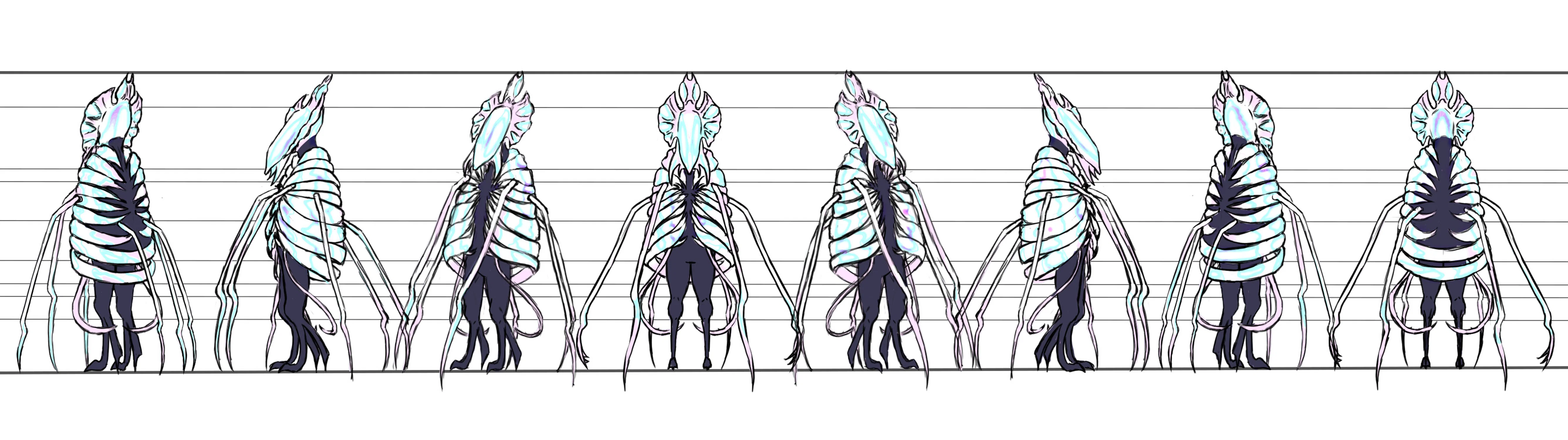 Turnaround sheet of an iridescent alien