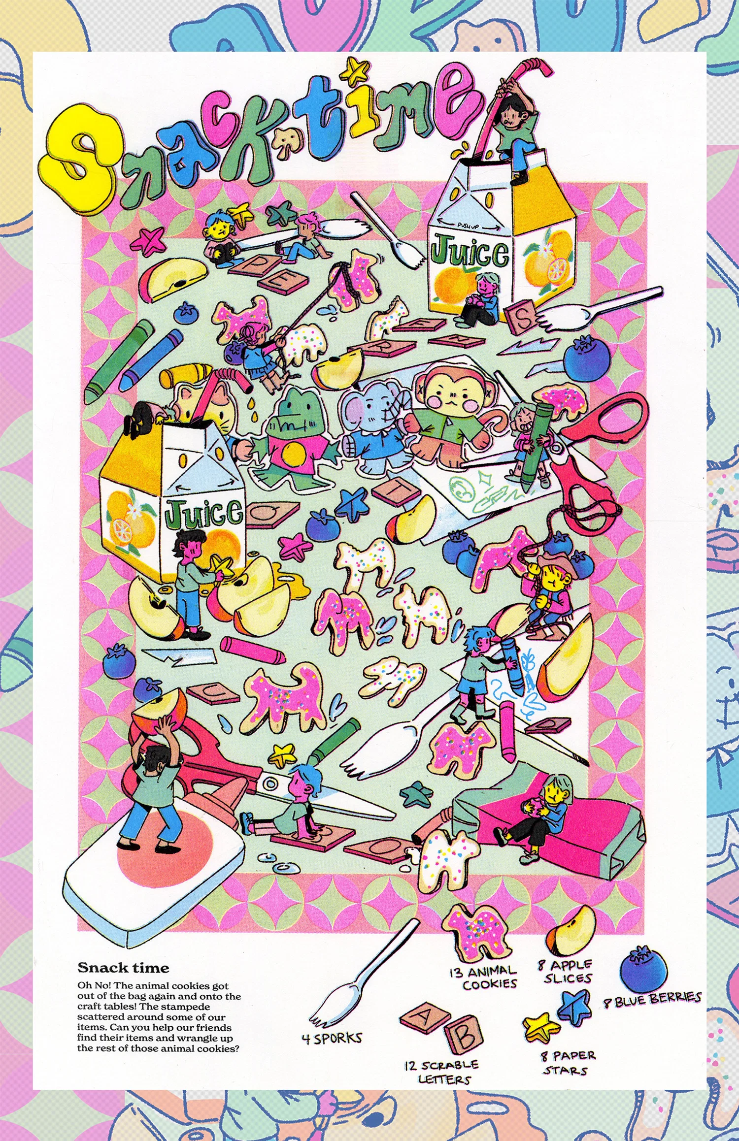 4-color risograph scene illustration depicting snack and craft time tables in the layout of an elementary style ISPY page.