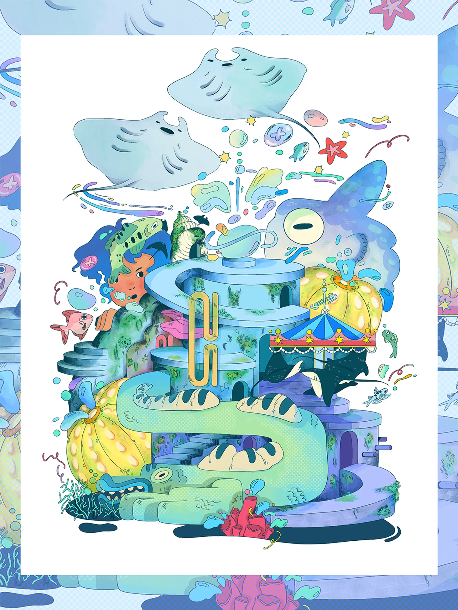 Underwater scene of a girl looking out past the magical structure of fish she stumbled upon.