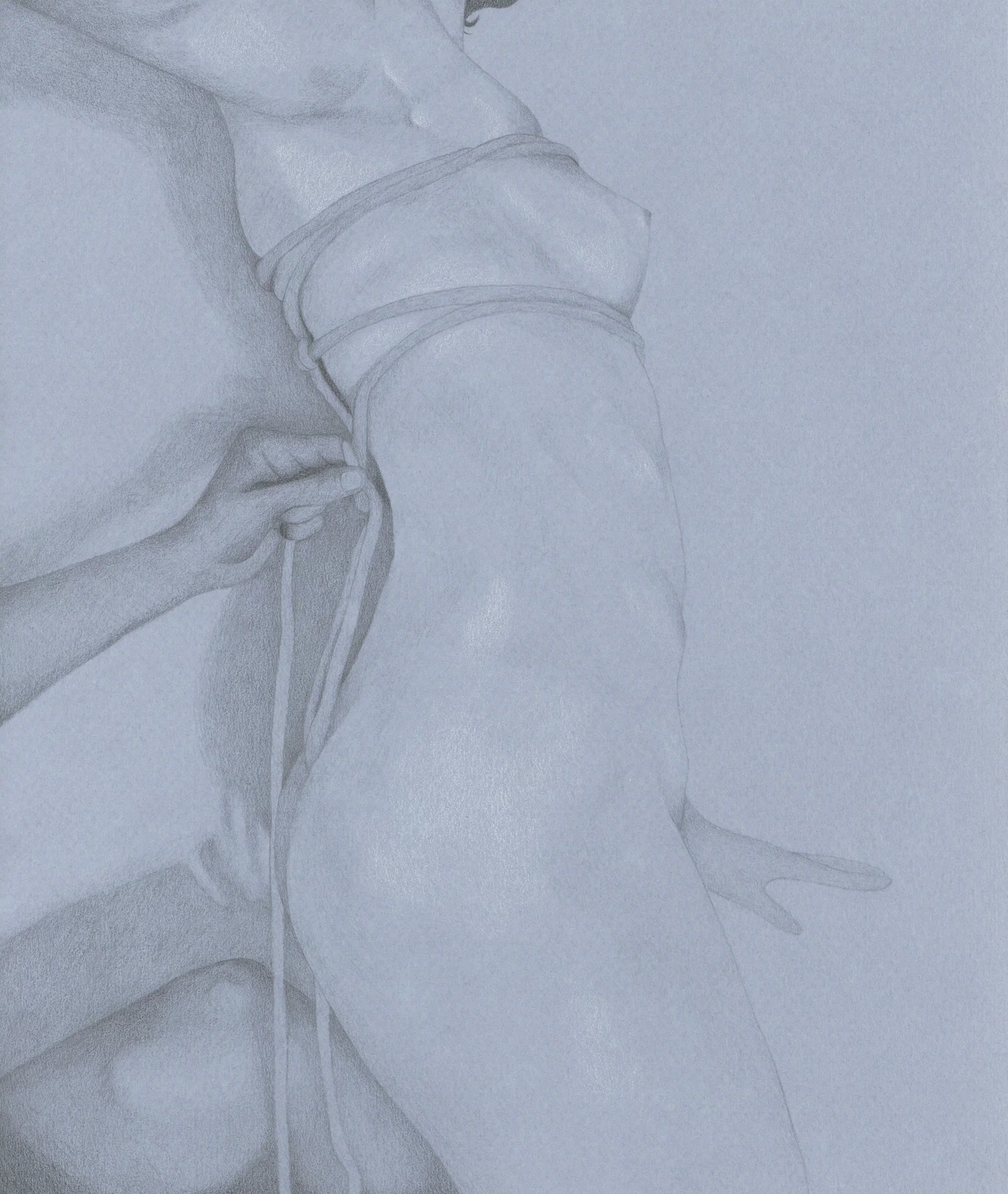 Graphite drawing on blue toned paper, depicting a woman and man engaging in Shibari (Japanese rope tying)