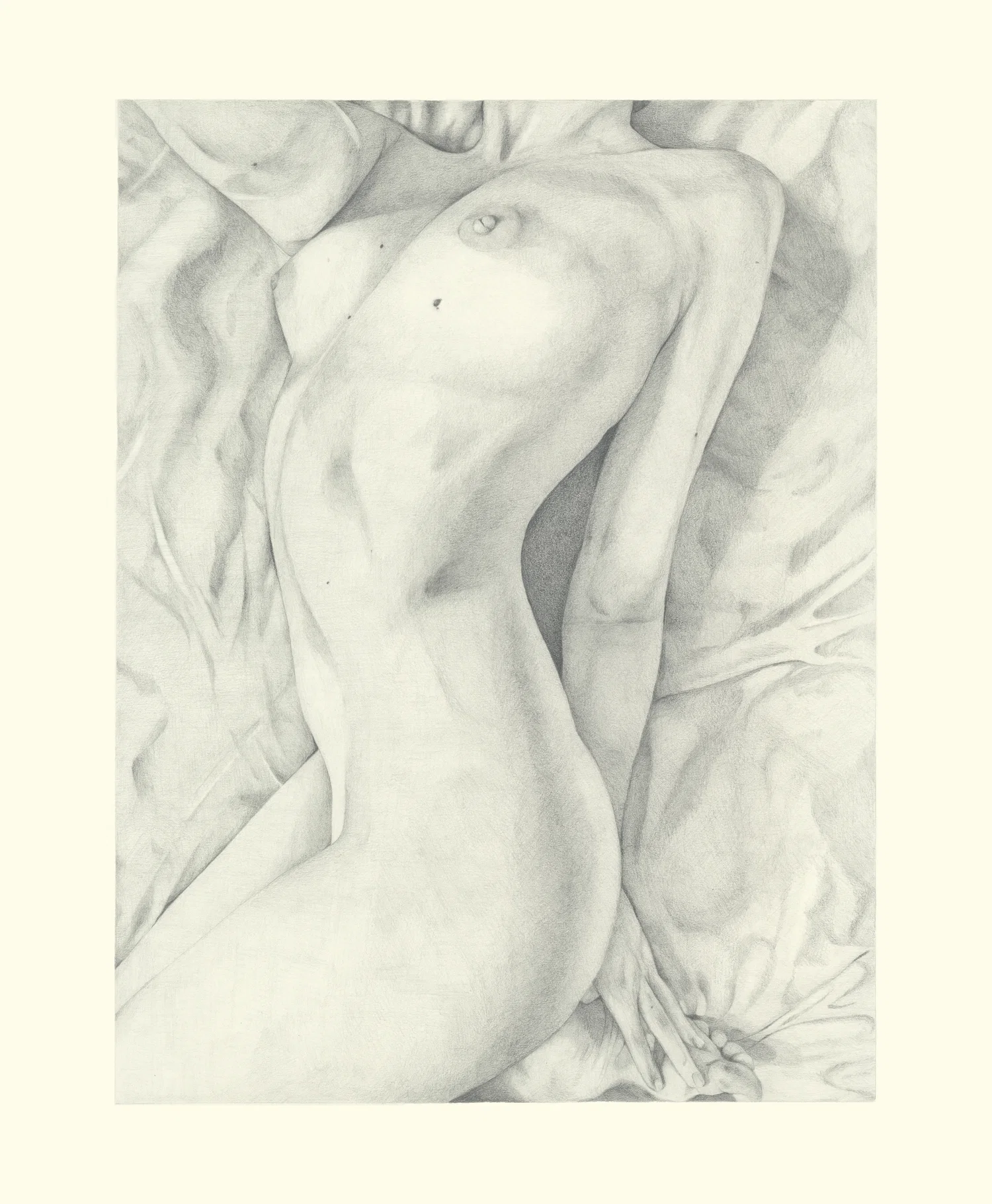 Graphite drawing of a nude image of woman, cropped to only show her body laying on her side in bed, holding her foot