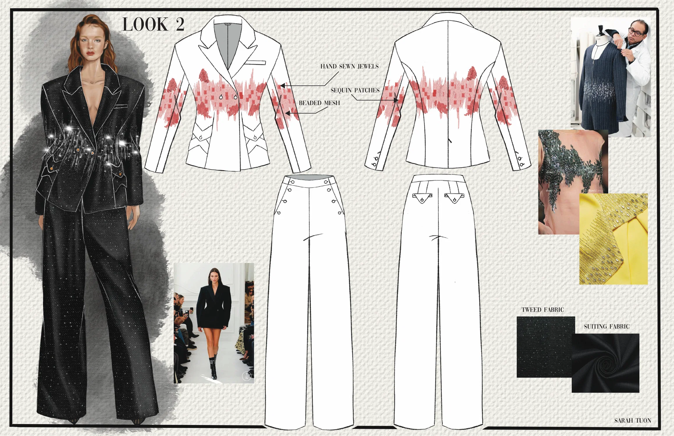 An embellished blazer over a black mesh top and straight leg pants