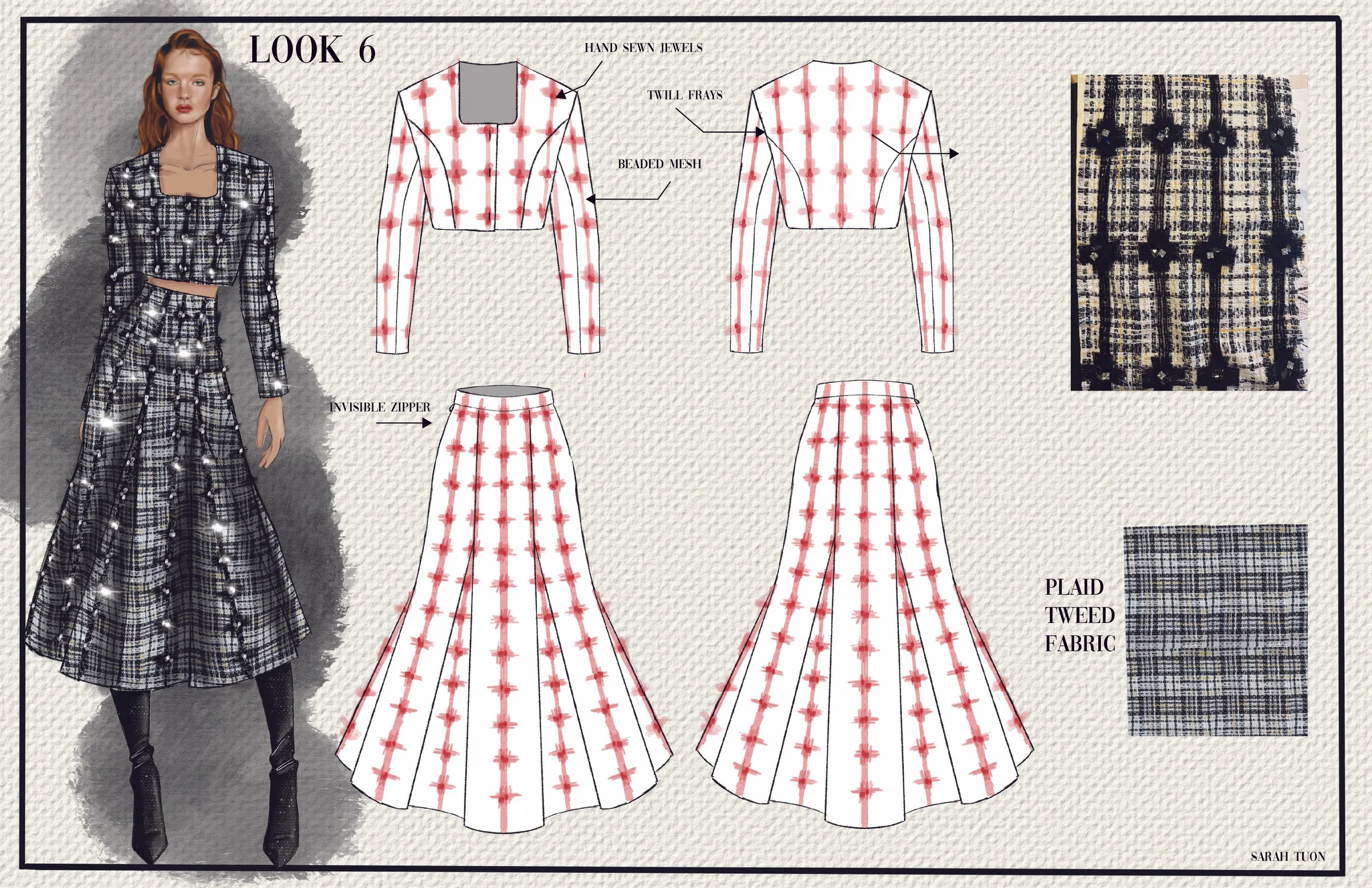 A plaid tweed cropped jacket with a matching flared maxi skirt.