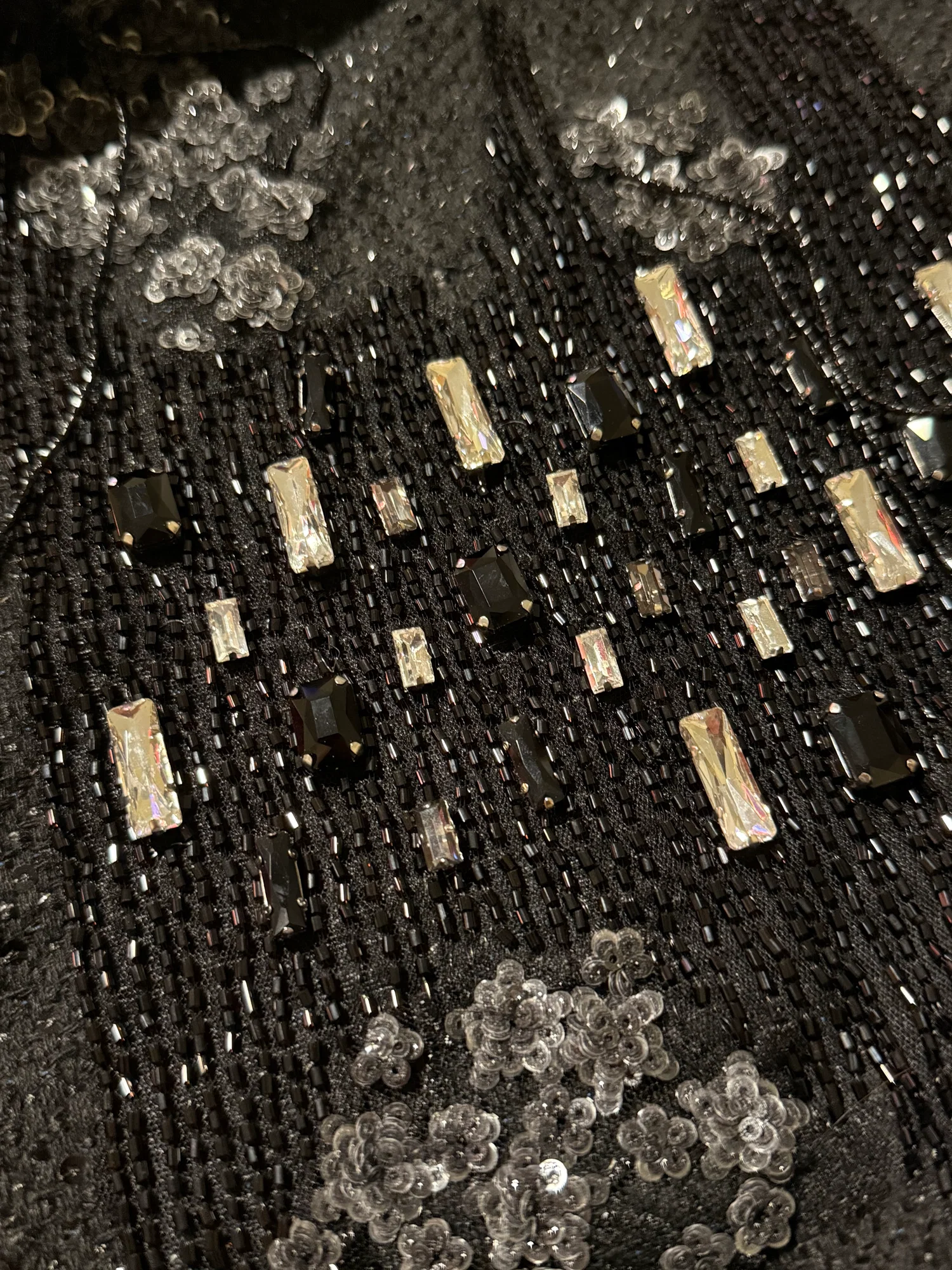 Fabric Treatment of sequins, bugle beads and tassels, gemstones over black tweed