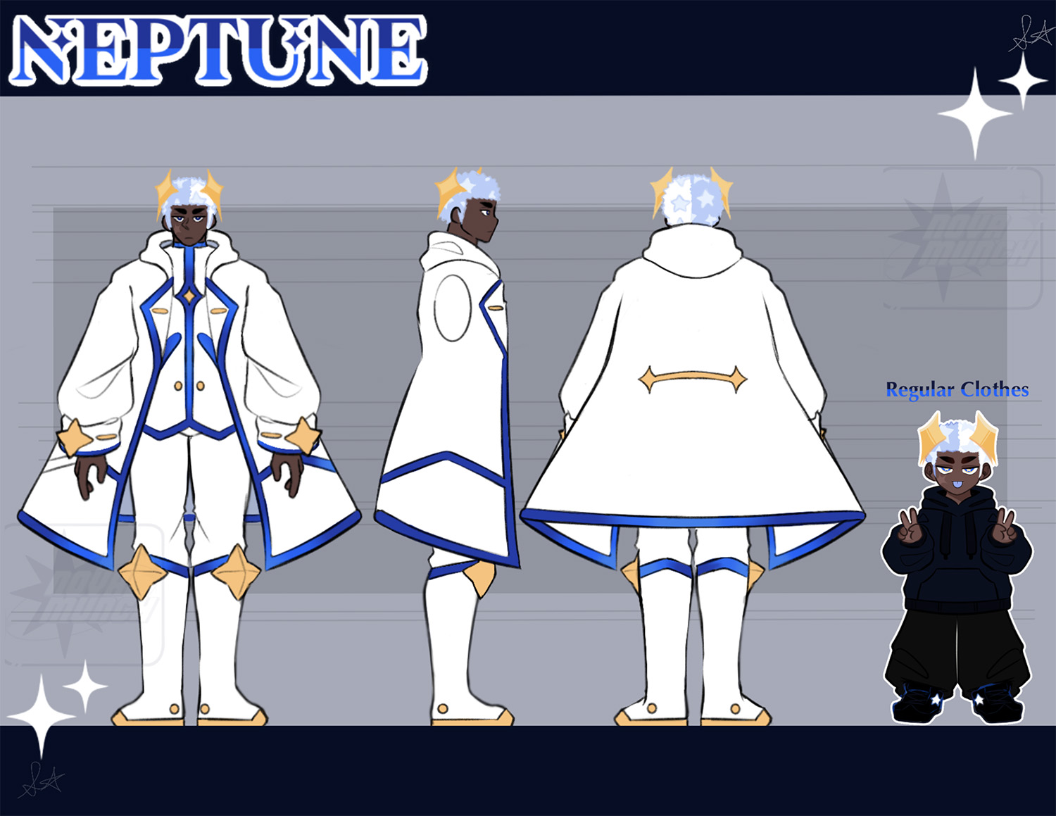 This is Neptune! A space prince gone accidentally gone rogue. He may or may not be responsible for blowing up 3 different planets...  He's one of my very first character designs(he's been through  +12 years of design change), and now he's my mascot!
