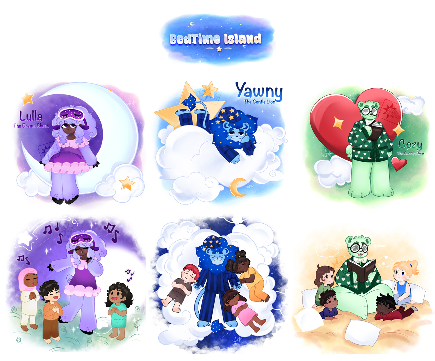 A personal project exploring a concept of an educational children’s TV show called Bedtime Island. A show that would teach children about the importance of sleep with the help of Yawny The Gentle Lion and his two companions: Lulla The Dream Sheep, and Cozy The Cuddly Bear