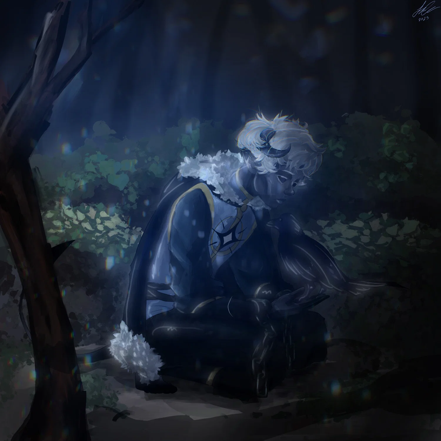 This digital painting bathed in blue light shows a prince in a dark forest holding his hand out to a small bird he looks sad