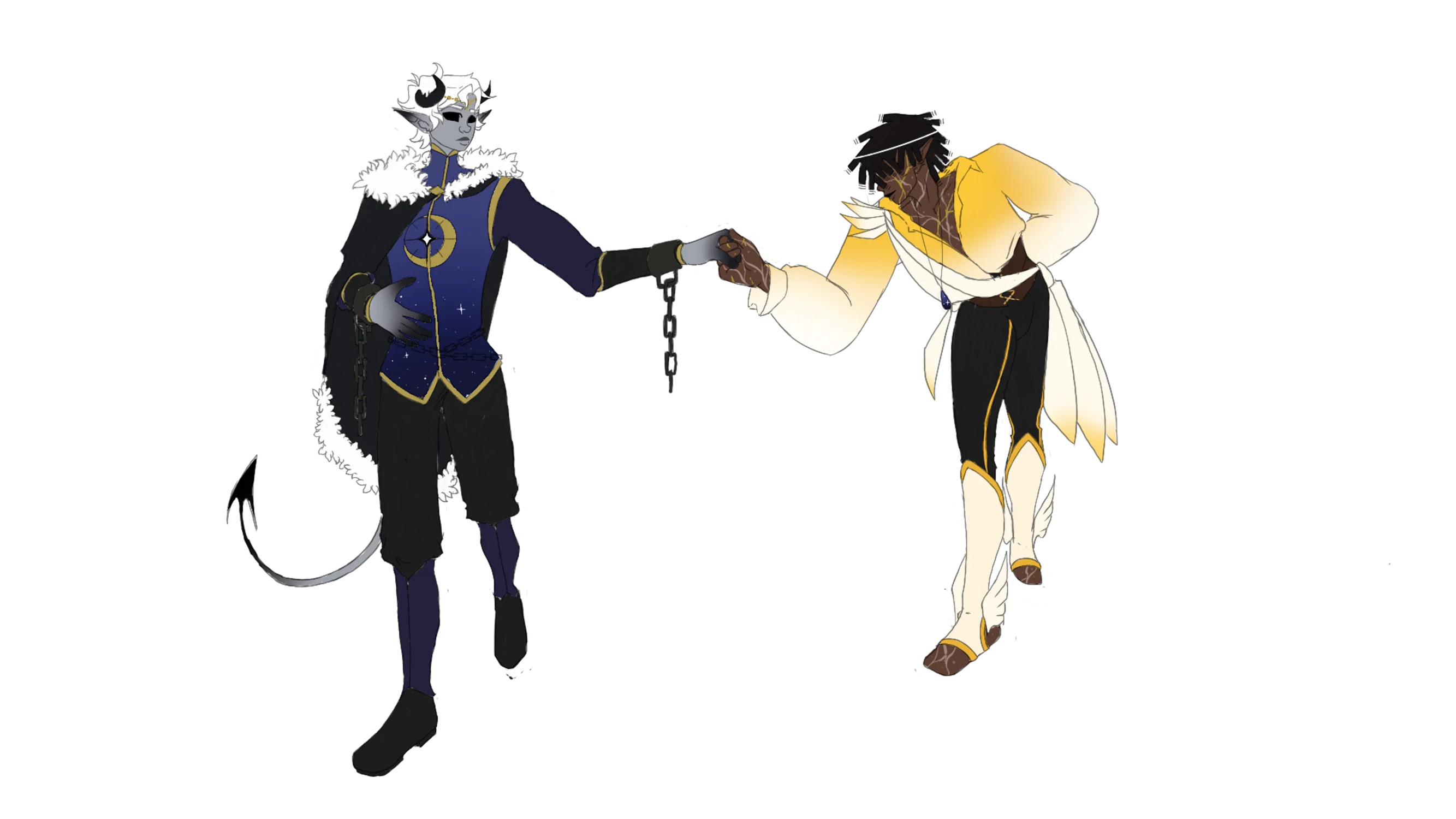 this image portrays 2 regal figures one bathed in blue like the night sky the other in yellow like the golden sun they dance together