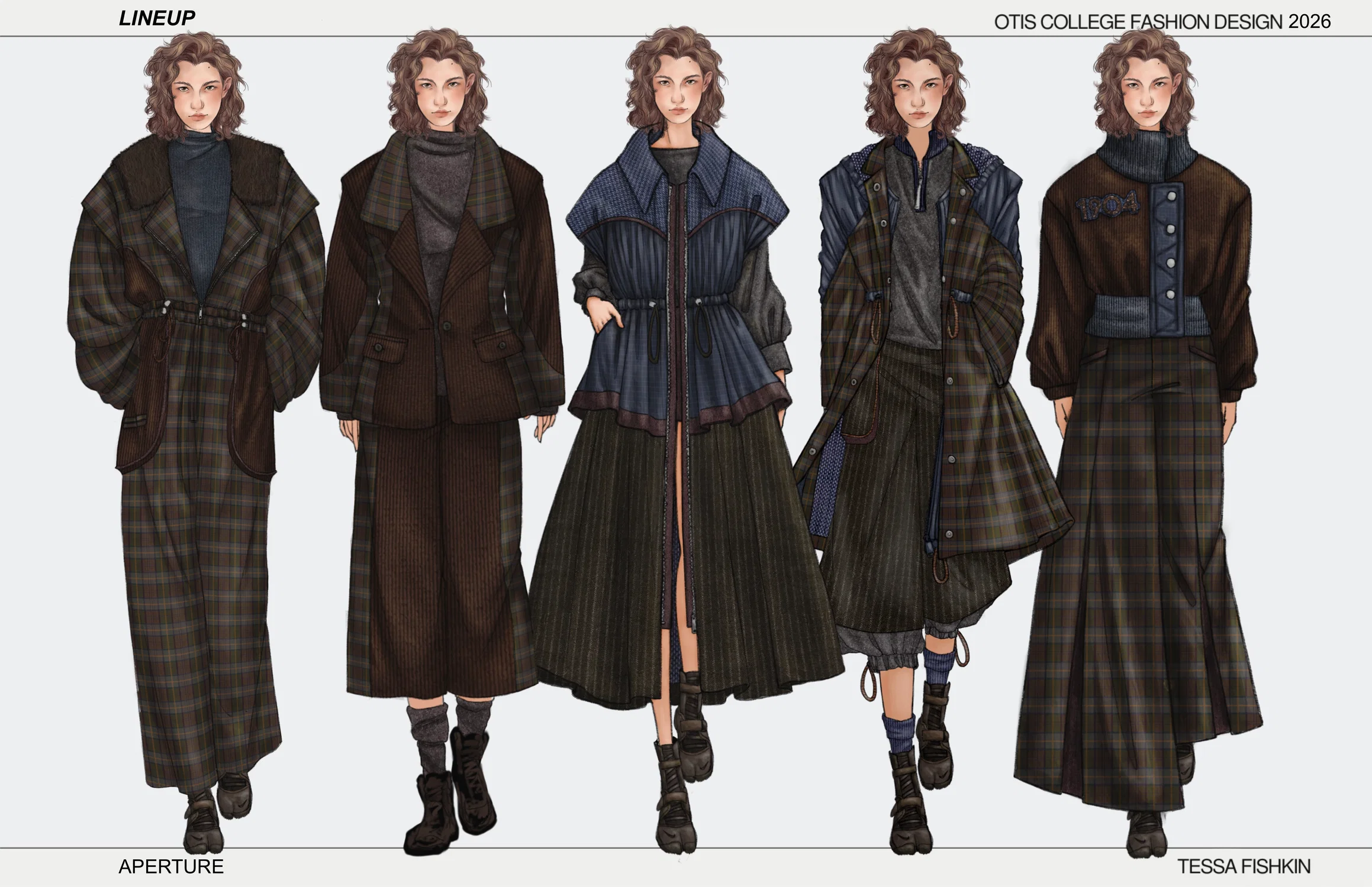 A lineup of drawings of models wearing fall outfits made with corduroy, plaid, houndstooth, and striped fabrics. They are sporty with a tailored edge.