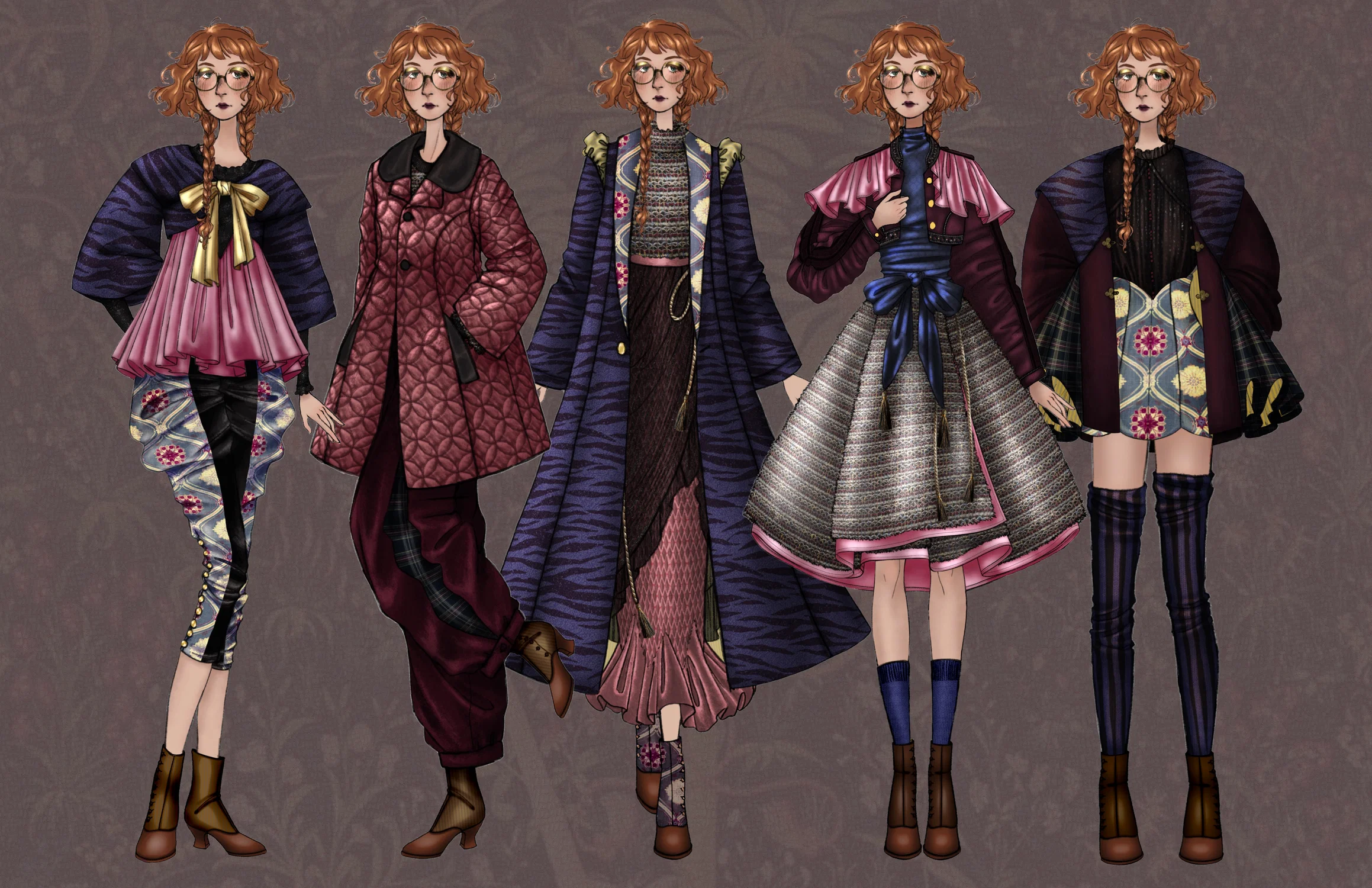 Another lineup of drawn models in outfits, this time with an array of jewel tones and pattern mixing.