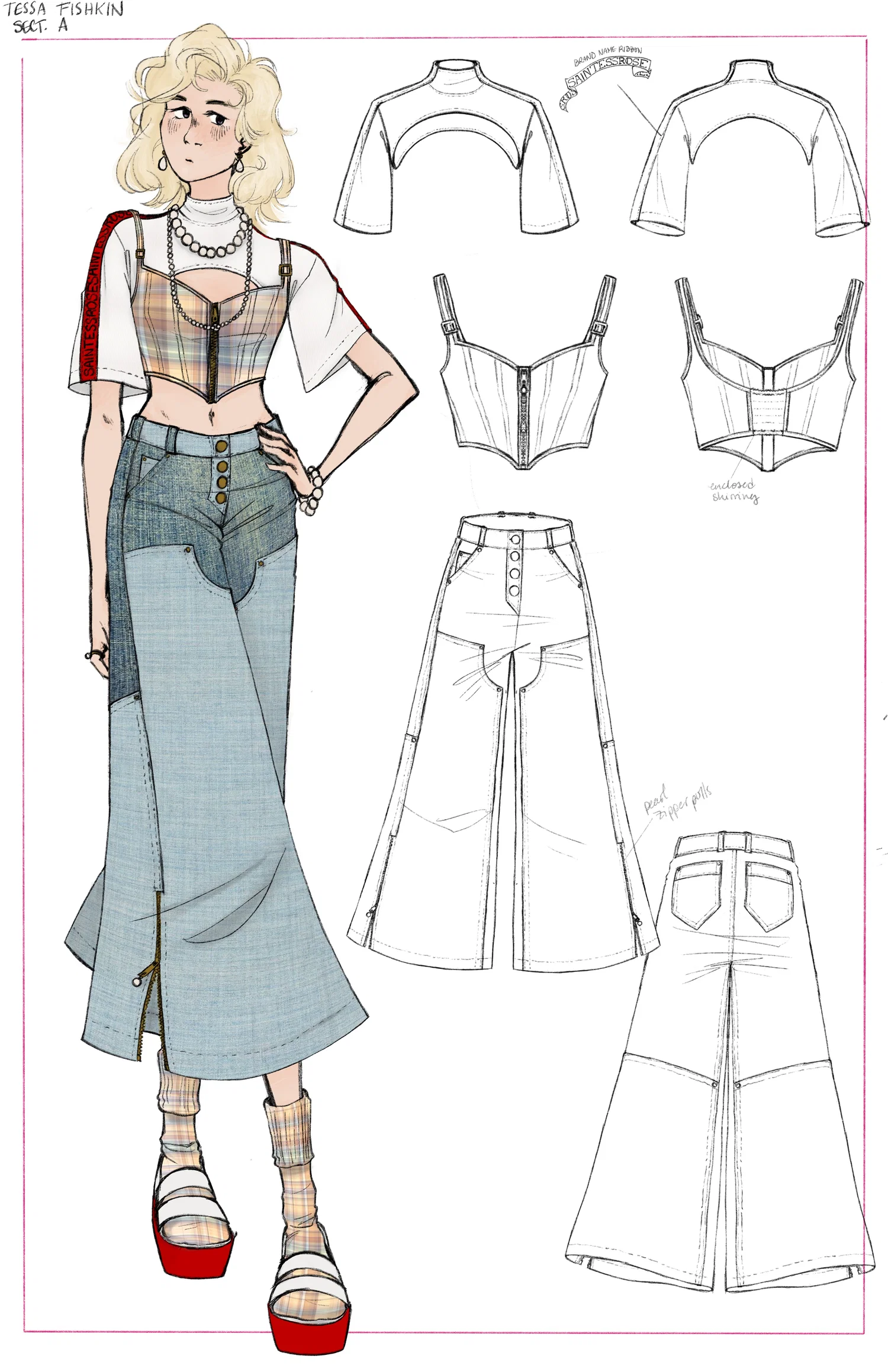 A model wearing denim culottes, a plaid bustier, and a white t-shirt.