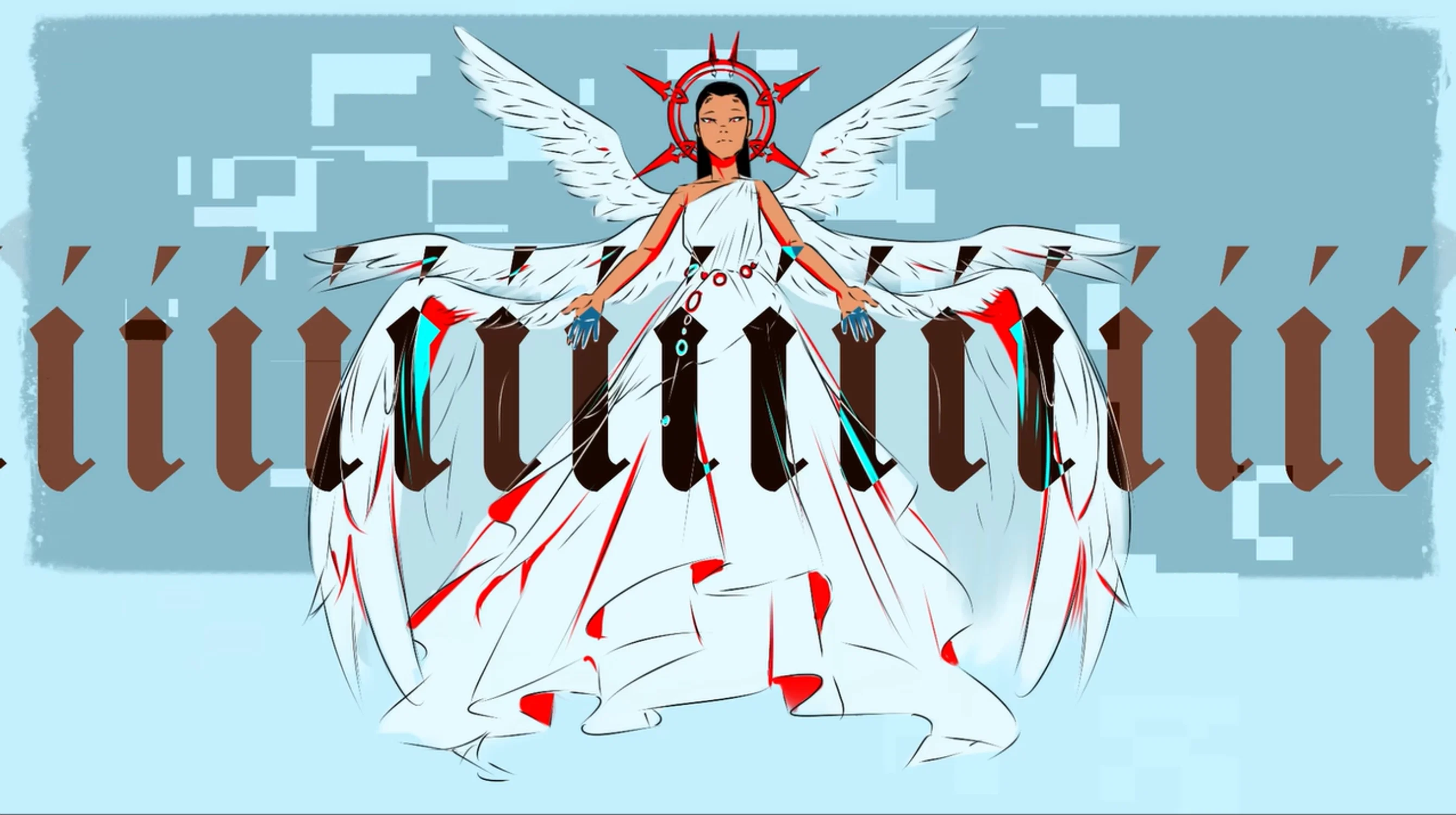 Illustration of an Angel descending into a digitized world.  She dons bright white wings and a burning red crown on top of a glitching background
