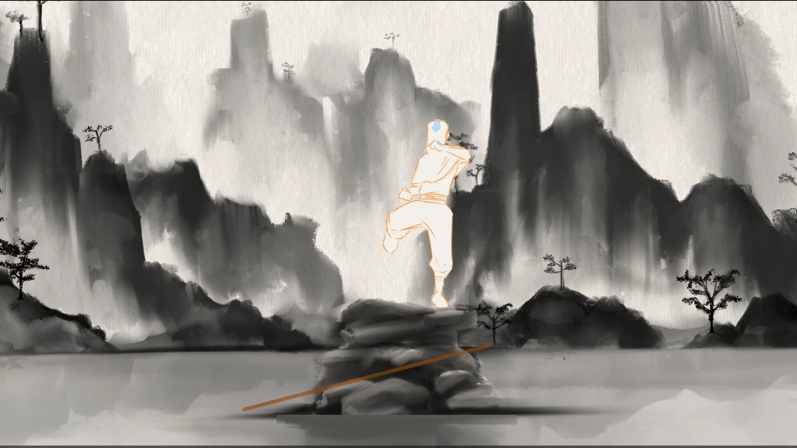 Animation still of Avatar Aang in a sumi-e animation style