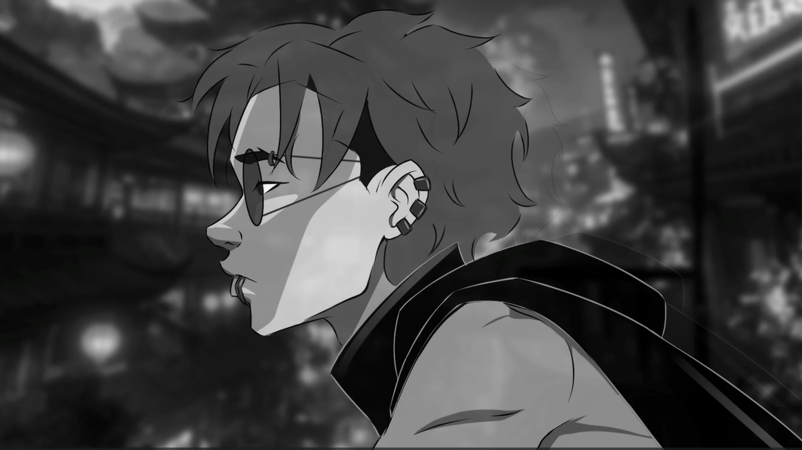 An animation still of a teenage boy looking over a city