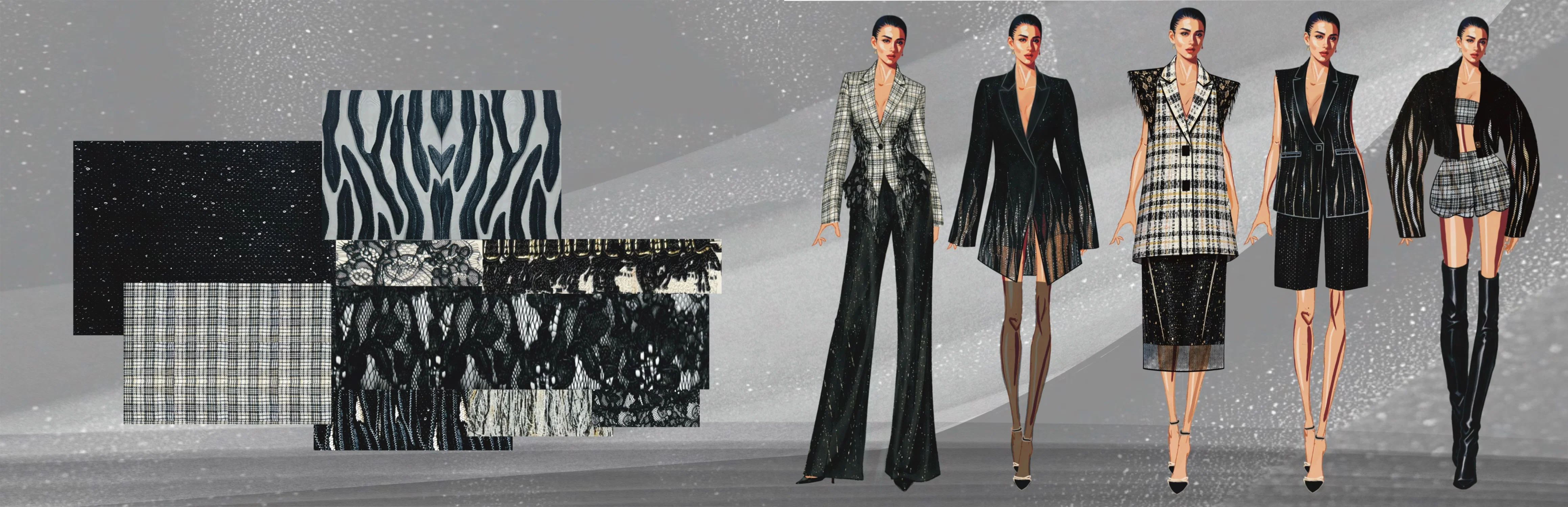 A fashion lineup featuring six tailored womenswear looks in black, white, and plaid, alongside fabric swatches of lace, tweed, and textured materials, emphasizing structured silhouettes, fringe details, and elegant, modern styling.