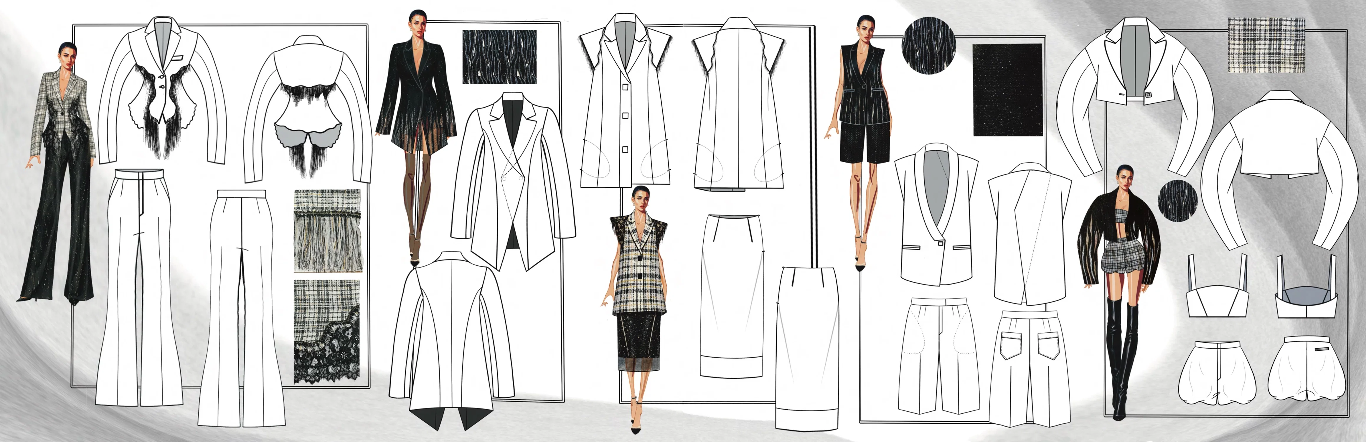 A technical design board displaying multiple womenswear looks with detailed flat sketches of jackets, vests, skirts, pants, and shorts, paired with fabric swatches of tweed, lace, and textured materials, alongside styled fashion figures showing the final garments in a black-and-white palette.
