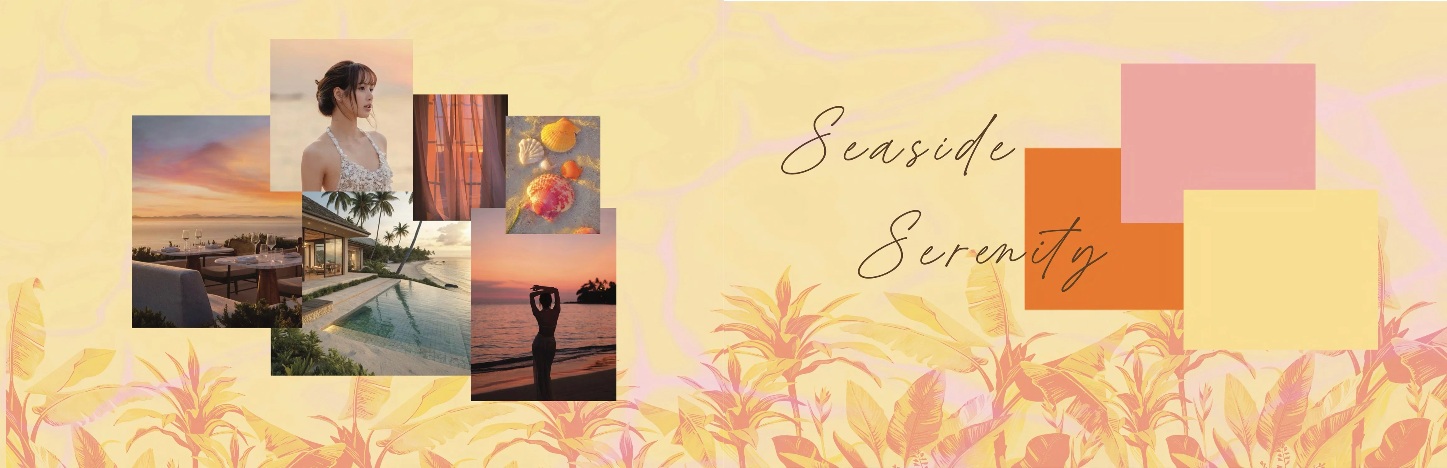 A warm-toned mood board titled “Seaside Serenity,” featuring sunset beach scenes, a coastal villa, seashells, and a woman by the ocean, paired with soft orange, pink, and yellow color swatches and tropical leaf graphics.
