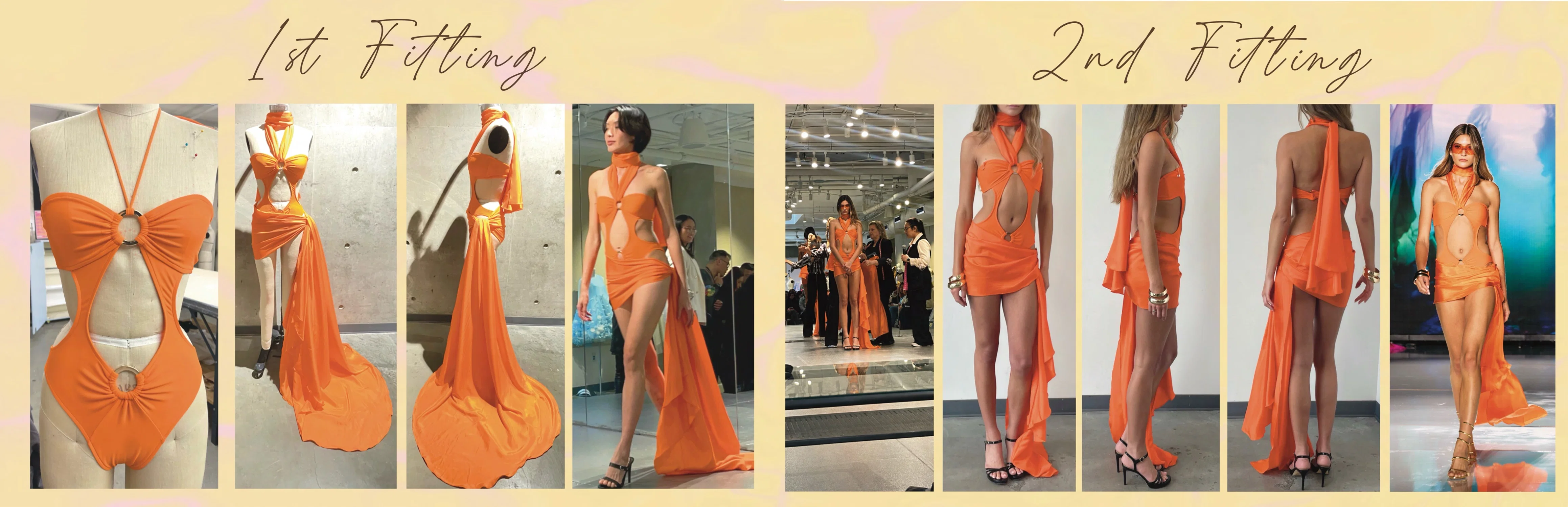 A fitting progression board showing a bright orange cut-out dress, from initial sample on a dress form to first fitting on a model with a long draped train, followed by second fitting refinements and final runway presentation.