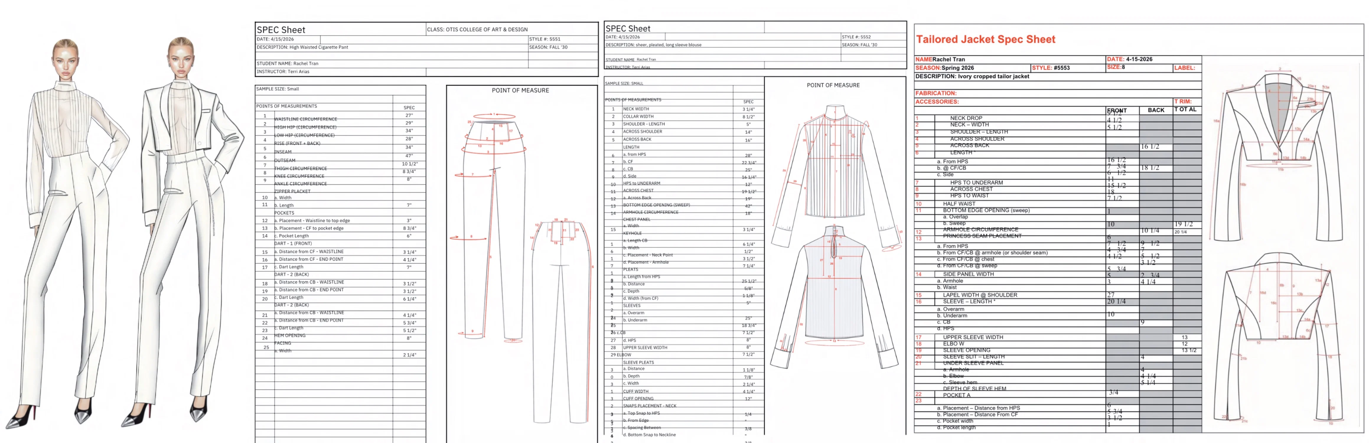 A technical presentation board featuring a tailored outfit with a blouse, cropped jacket, and high-waisted pants, alongside detailed spec sheets, measurement charts, and flat sketches with labeled construction and fit dimensions.