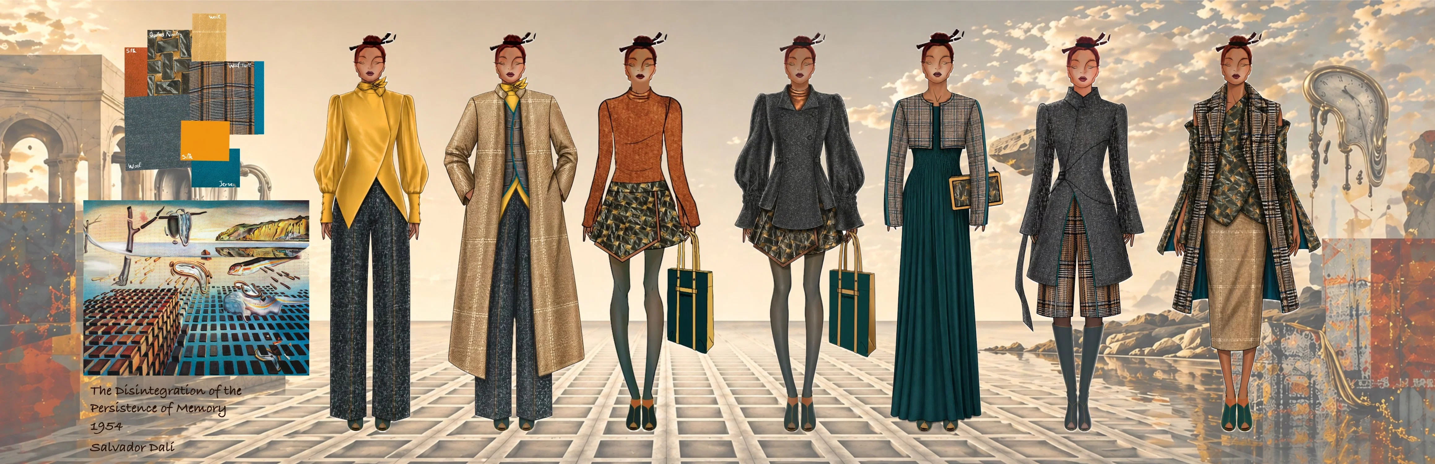 A surrealism-inspired fashion lineup featuring eight looks with structured tailoring and layered textures in gold, green, and earth tones, alongside fabric swatches and a reference to Salvador Dalí’s artwork, set against a dreamlike architectural and desert landscape.