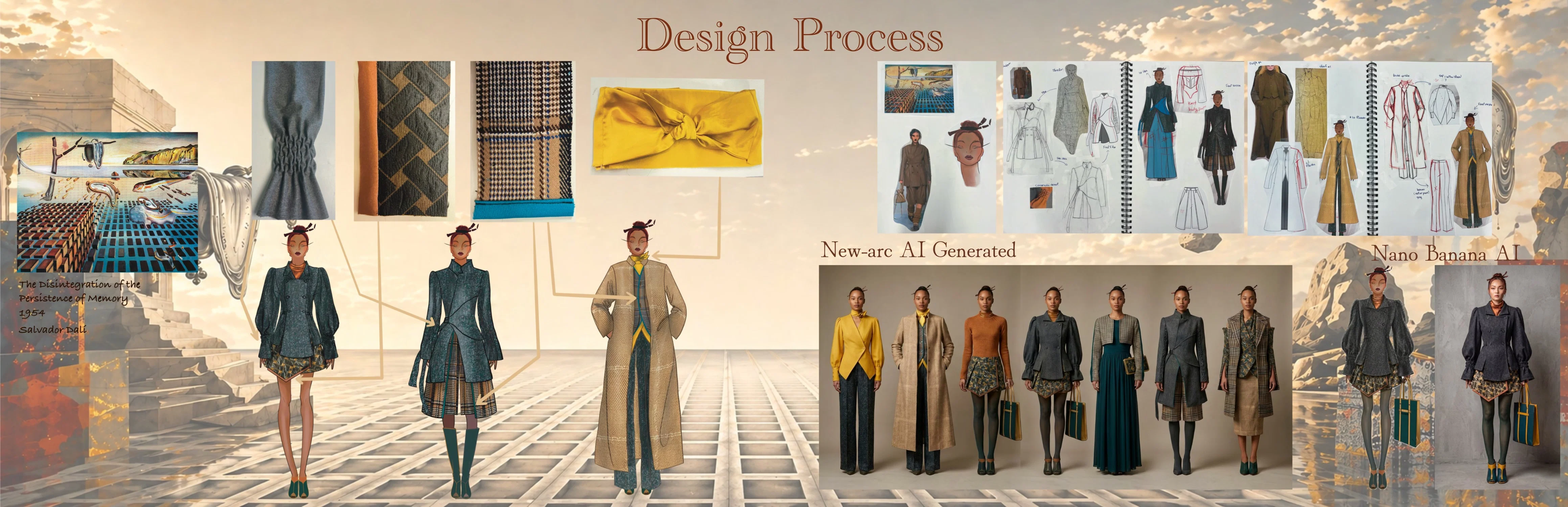 A design process board inspired by Salvador Dalí, featuring fabric swatches, garment development sketches, and final looks, alongside AI-generated variations and references, all set within a surreal architectural landscape.