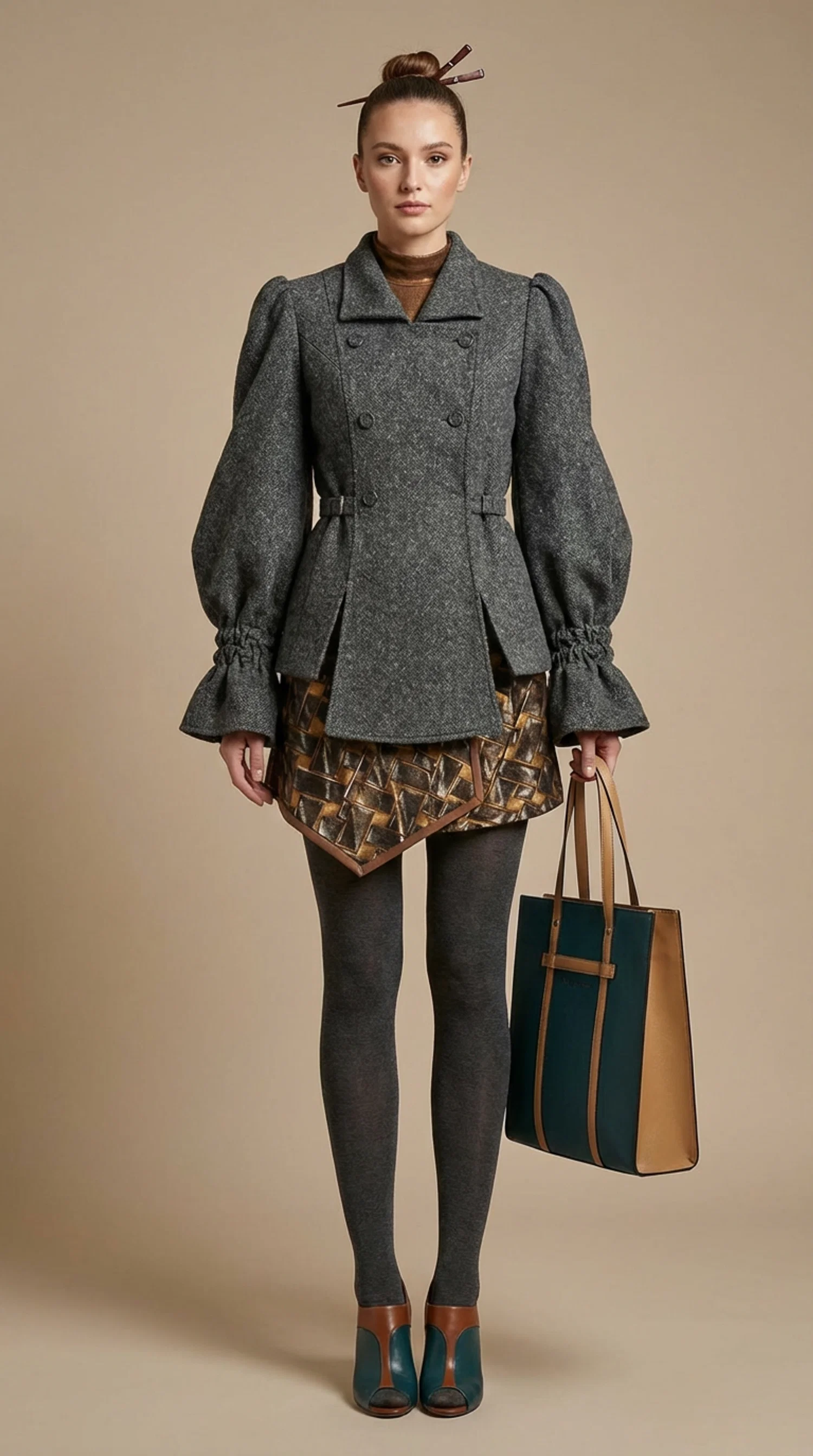 A full-body fashion image of a model wearing a structured gray tailored jacket with puffed sleeves and gathered cuffs, paired with a patterned mini skirt, gray tights, and green heels, accessorized with a large tote bag and styled with a sleek bun and hair sticks.