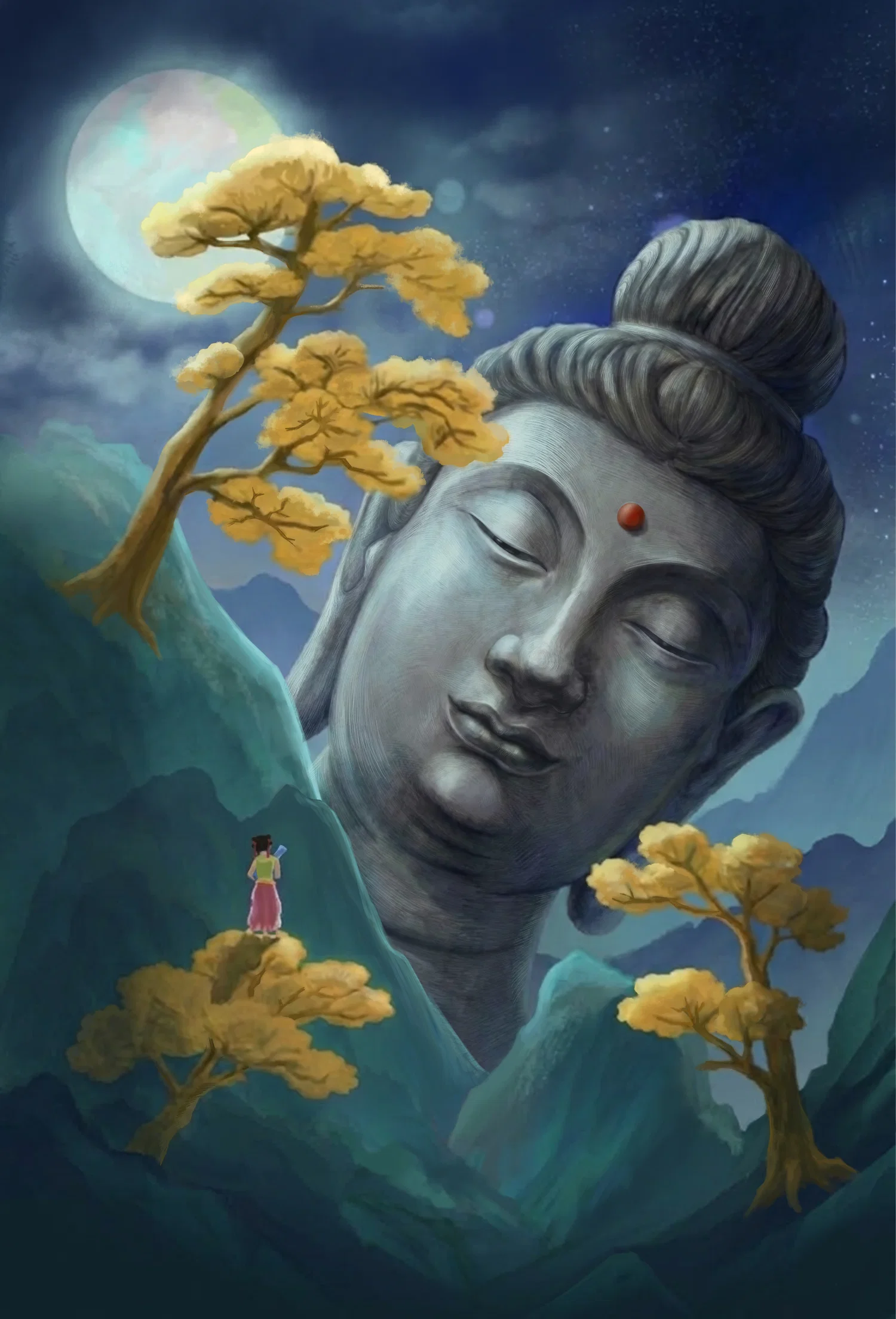 A small figure standing in a moonlit mountain landscape facing a giant Buddha head emerging from the mountains in a dreamlike environment scene.