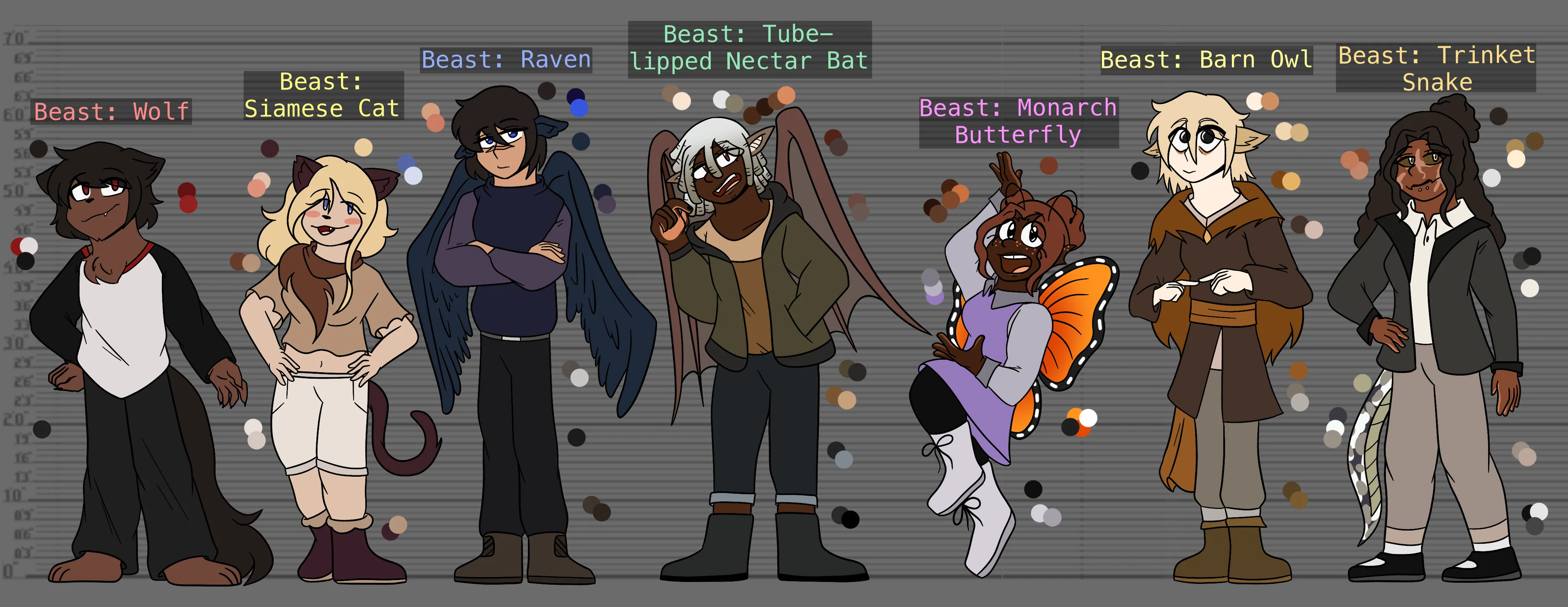 A lineup of characters with visible animal features