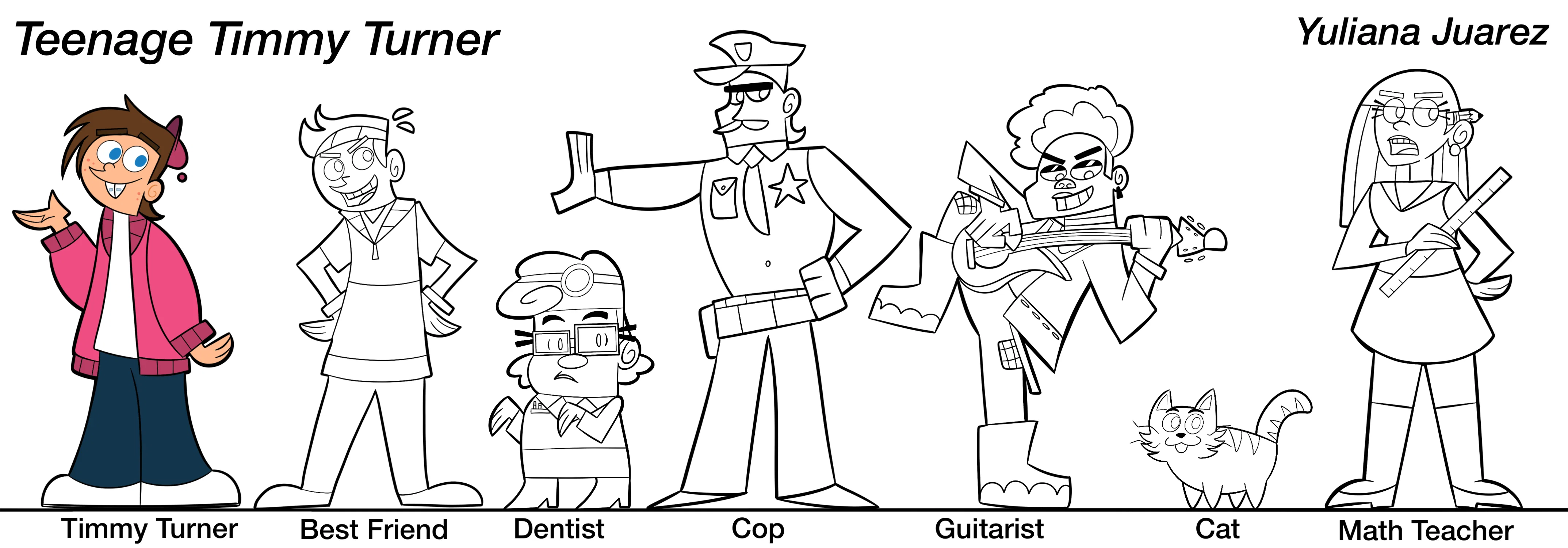 A lineup of characters in the art style of Fairly Oddparents with a teenage Timmy Turner in color