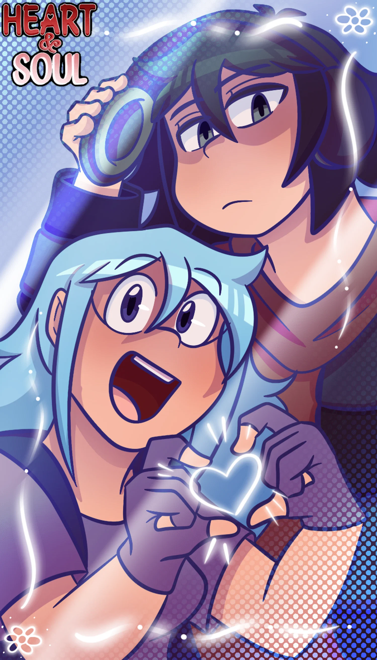 Smoothly rendered image of 2 characters; a girl with blue hair and a boy with headphones
