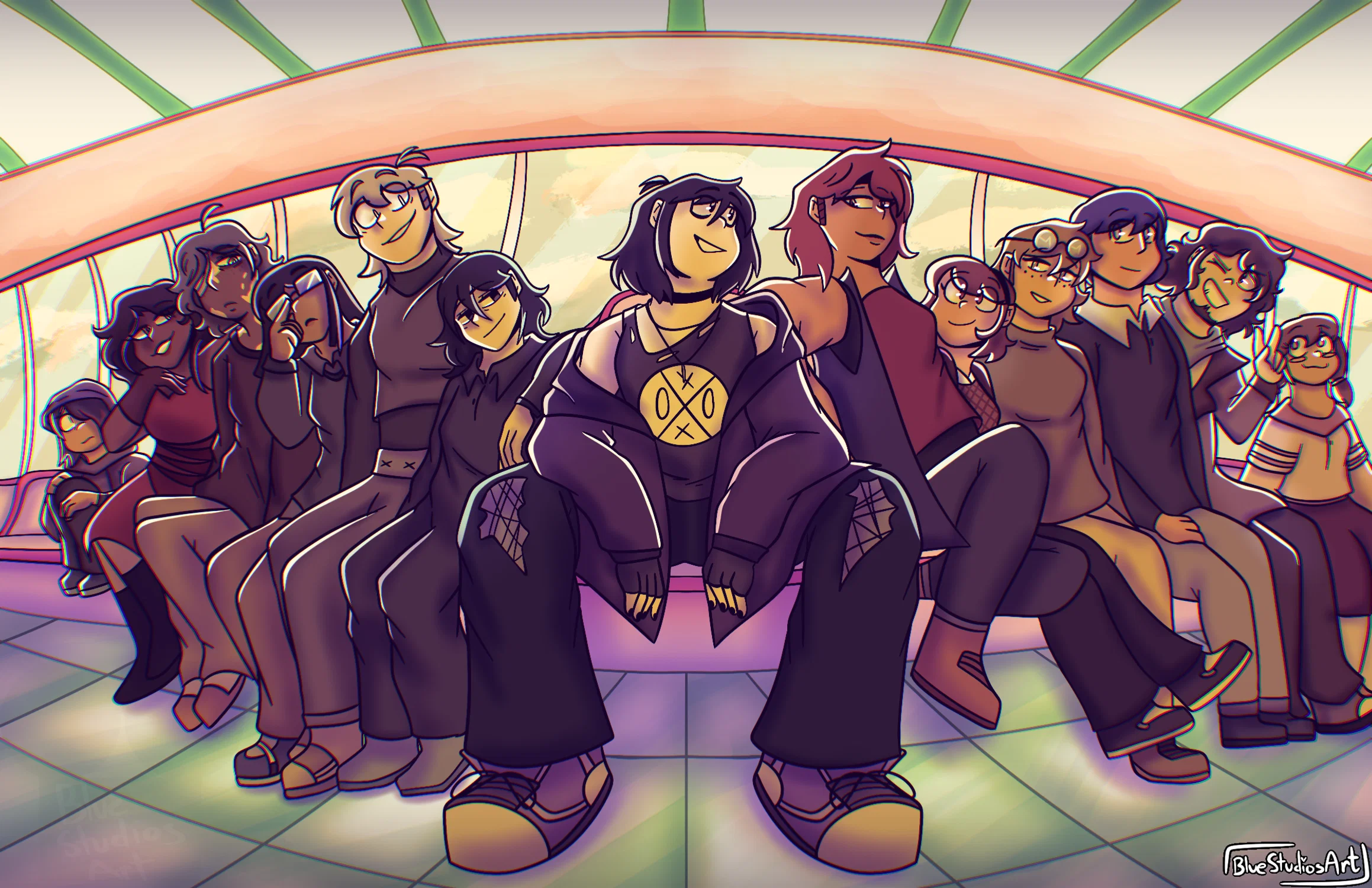 A large group of people sitting on one row of a subway train