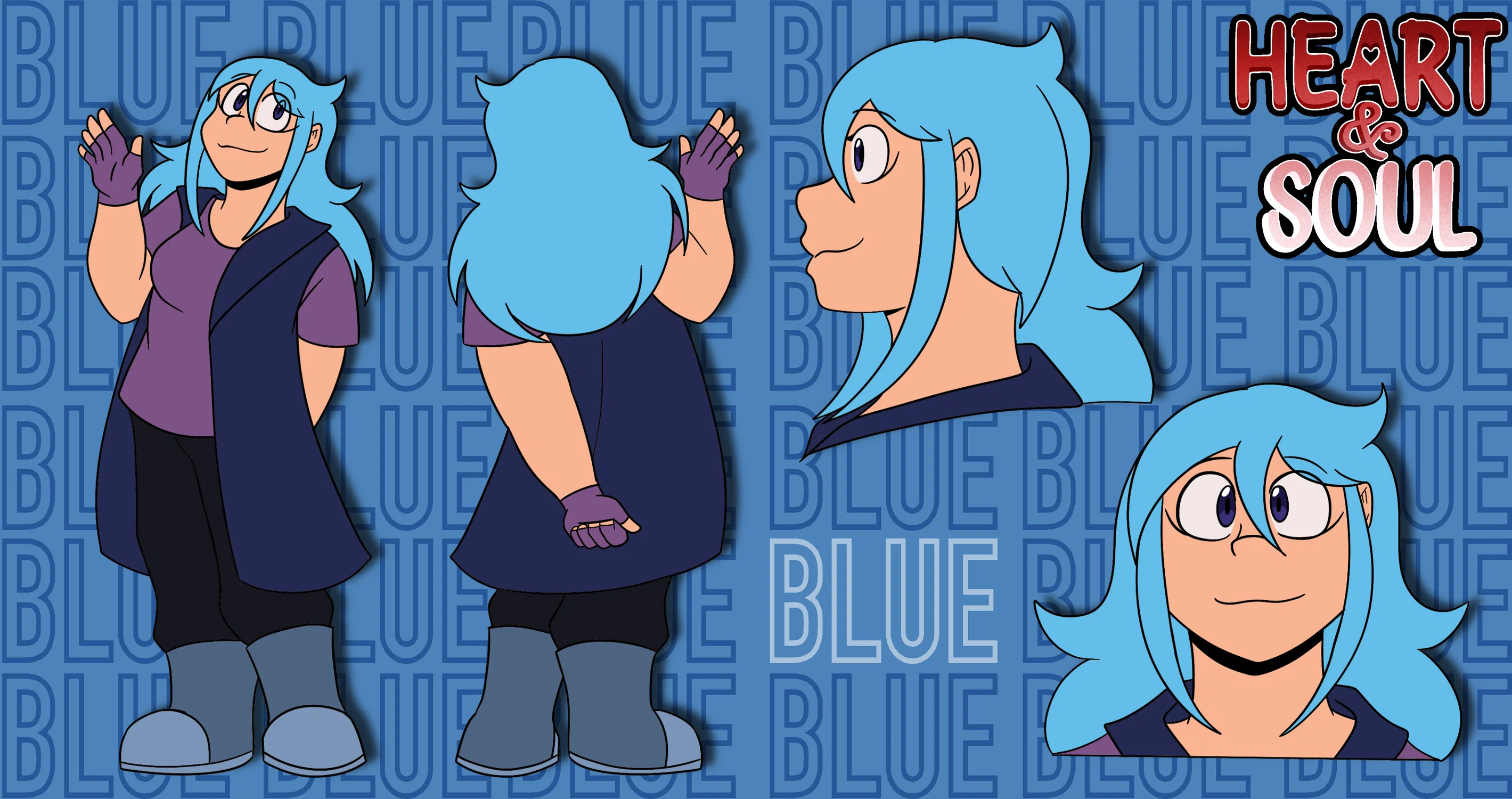 Front and back poses of a blue haired girl with front and side profile