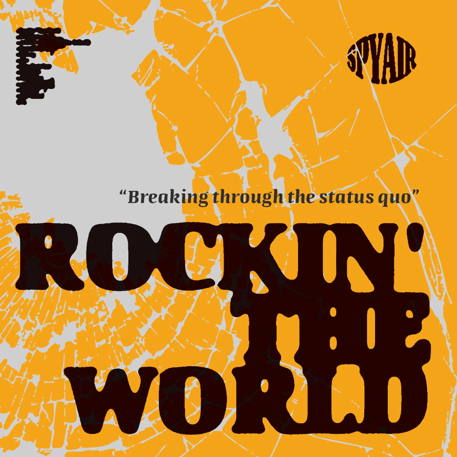 Animated image showing a CD package, including an orange album cover with a shattered glass texture and bold “ROCKIN’ THE WORLD” text, along with a lyric booklet and back cover.