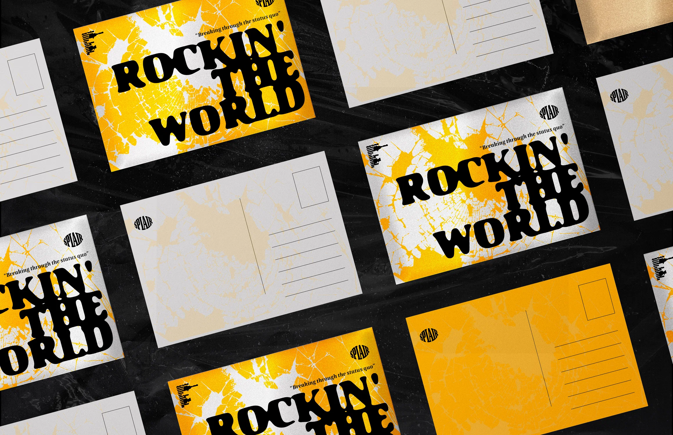 Postcard designs exploring the extension of the visual system across front and back, combining bold typography with a fractured glass texture.
