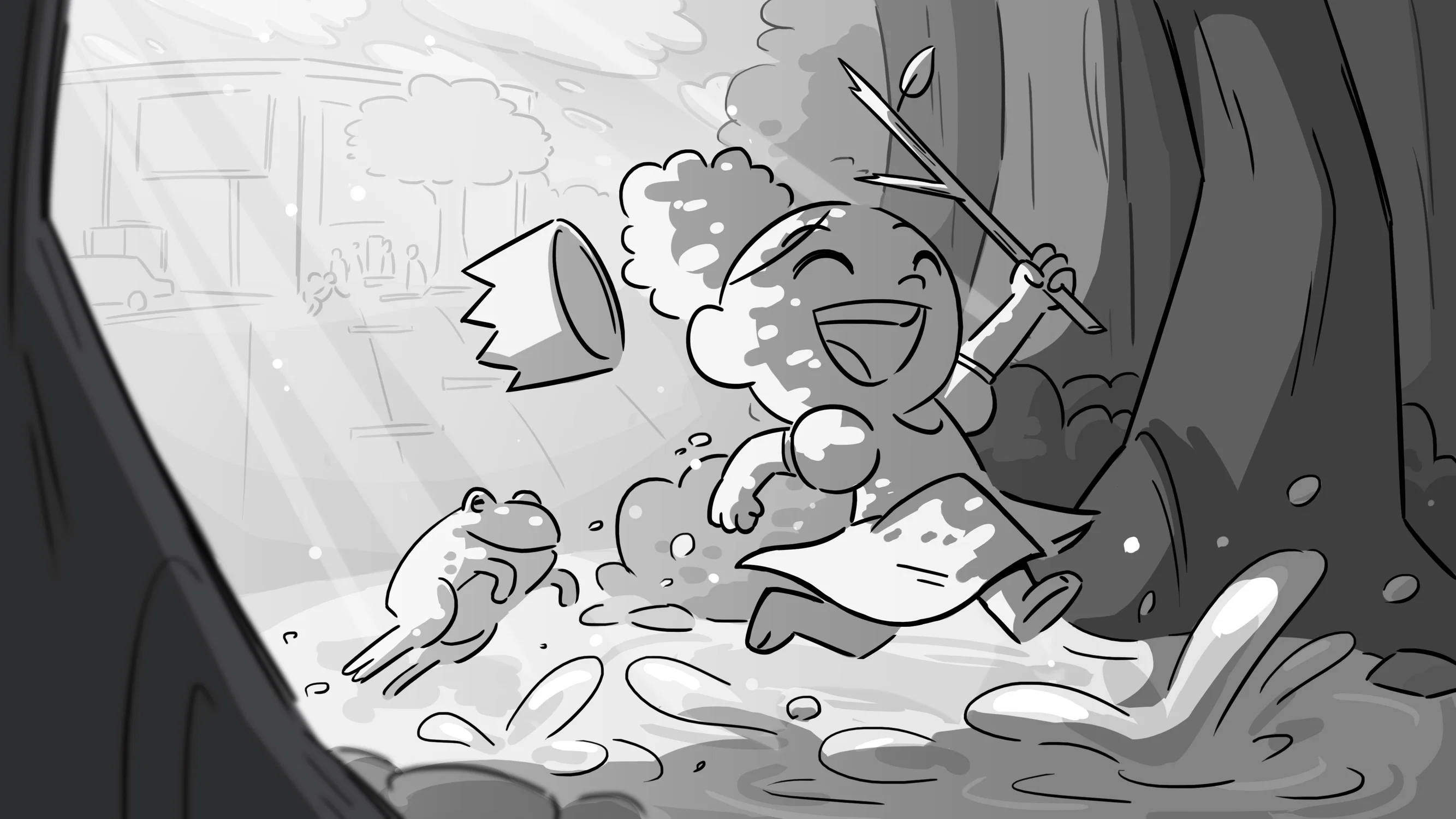 A little girl and a frog frolic happily in a creek. A crown has fallen off the girl’s head, but she pays it no mind.
