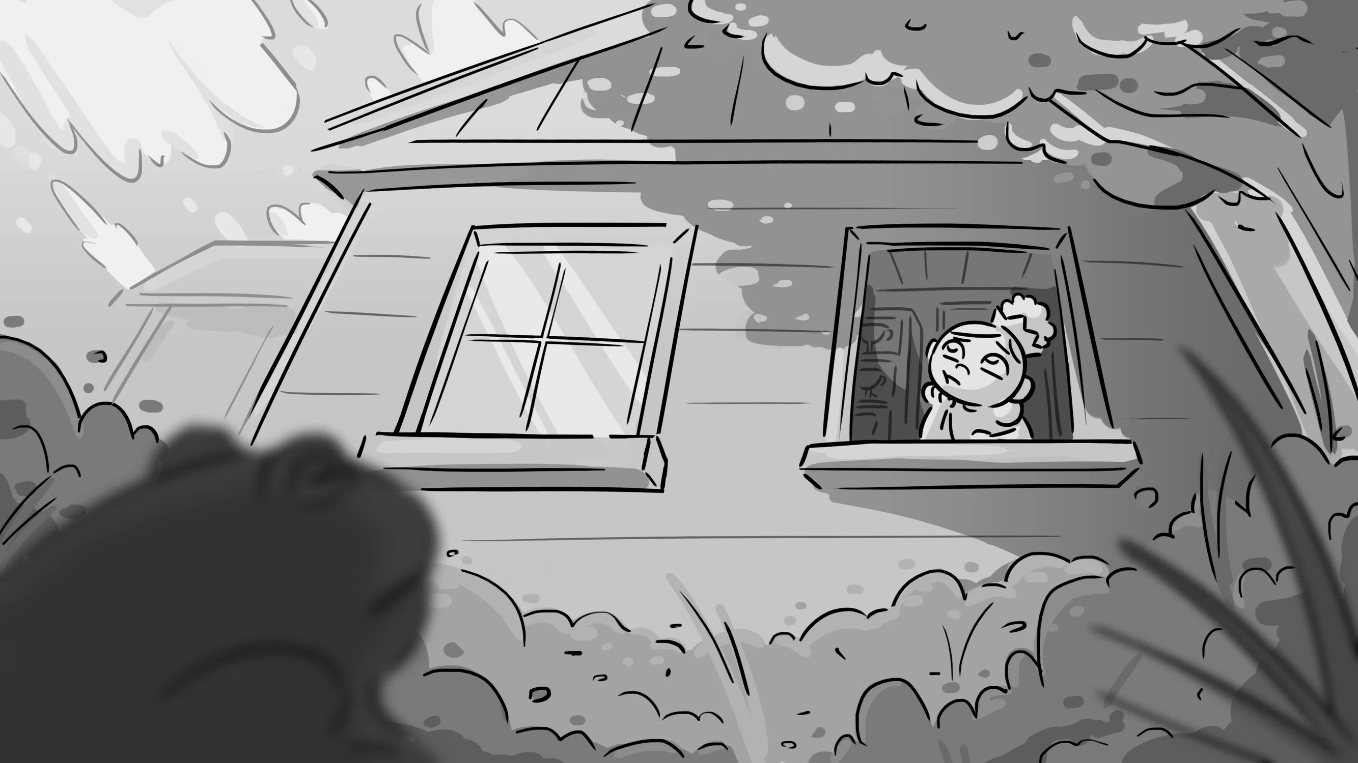 A little girl looks longingly out her window, into a wild yet beautiful collection of greenery and vegetation.